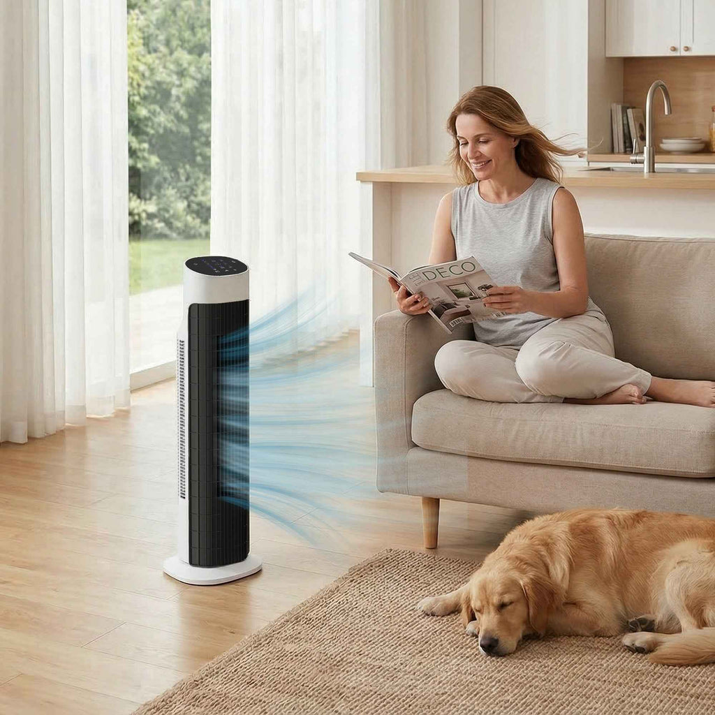 80cm 70° Oscillating Floor Tower Fan, Black and White