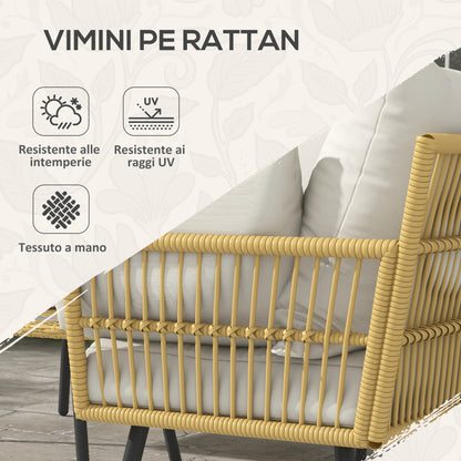 4-Piece Garden Set in PE Rattan with Outdoor Table 90x45x42 cm and 2 Outdoor Sofas 6x63x74 cm, Cream White - Borgè