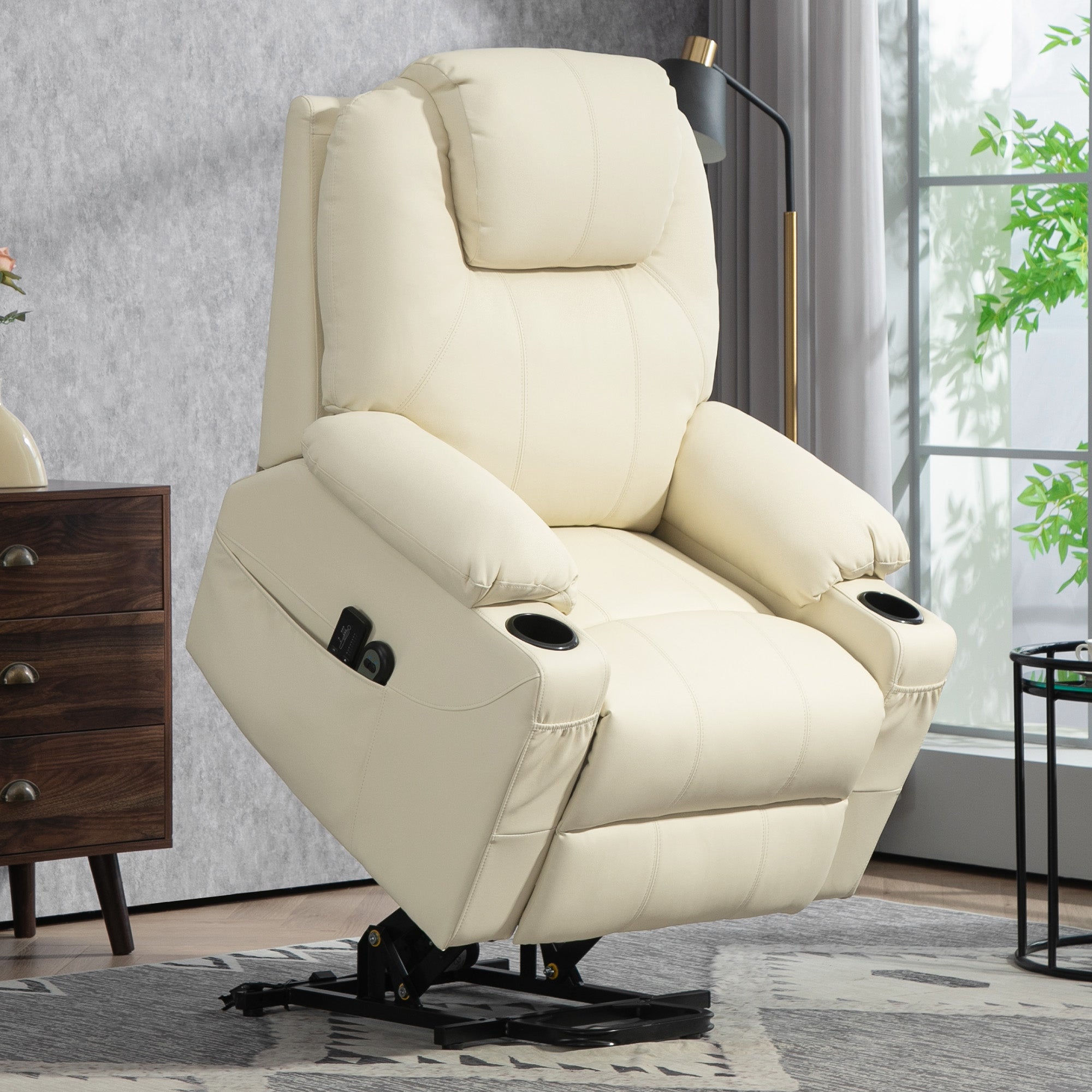 Lift Chair Reclining up to 135° with 8 Massage Points, Remote Control and Footrest, 88x92x106 cm, Cream