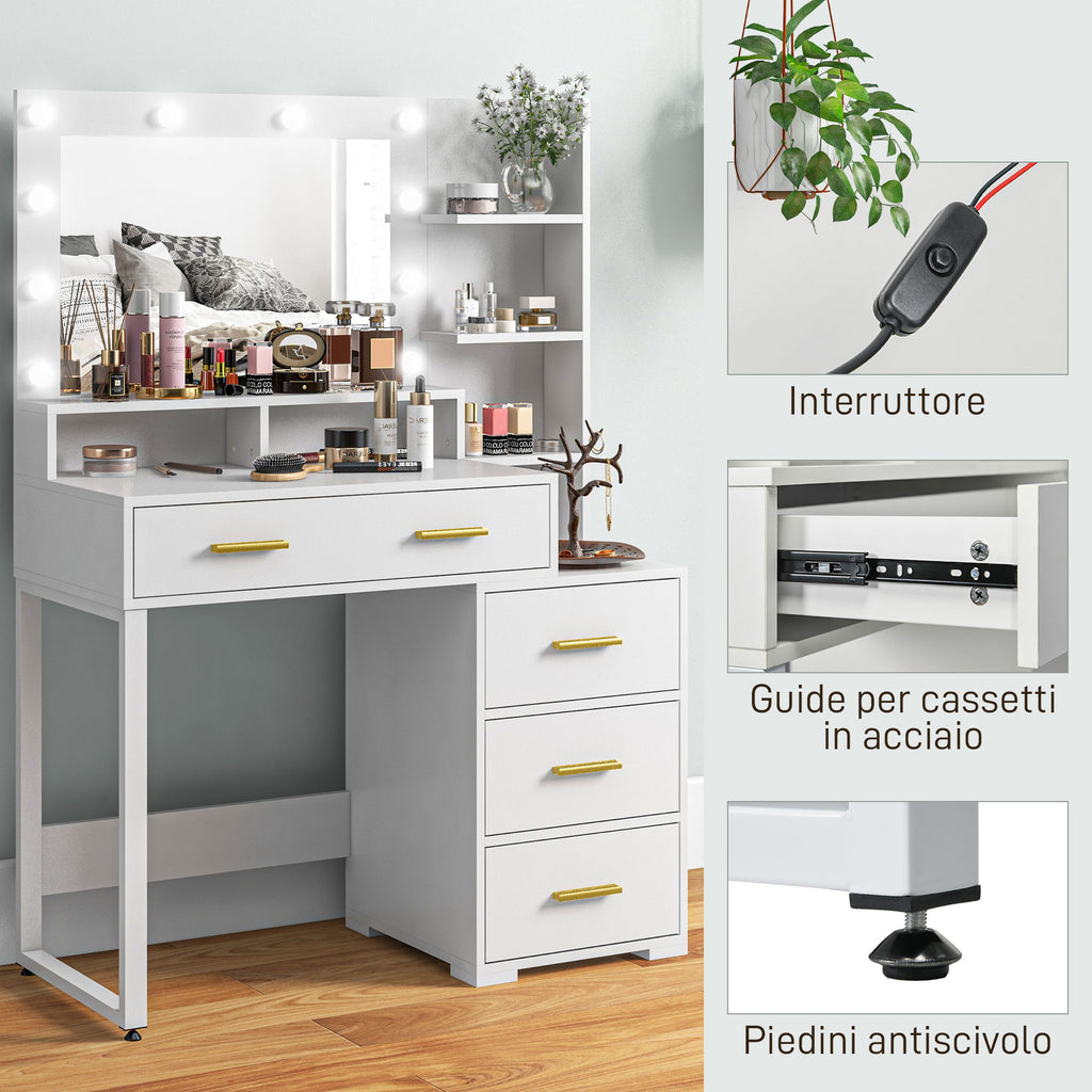 HOMCOM Wooden Makeup Table with 4 Drawers, 6 Open Shelves and Mirror, 100x40x138 cm, White - Borgè