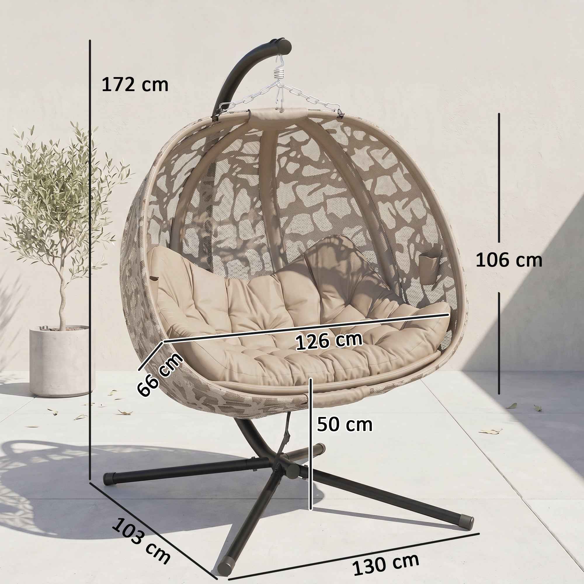 Outsunny 2-Seater Hanging Chair with 2 Pockets, 2 Cushions and Folding Basket, 126x126x176 cm
