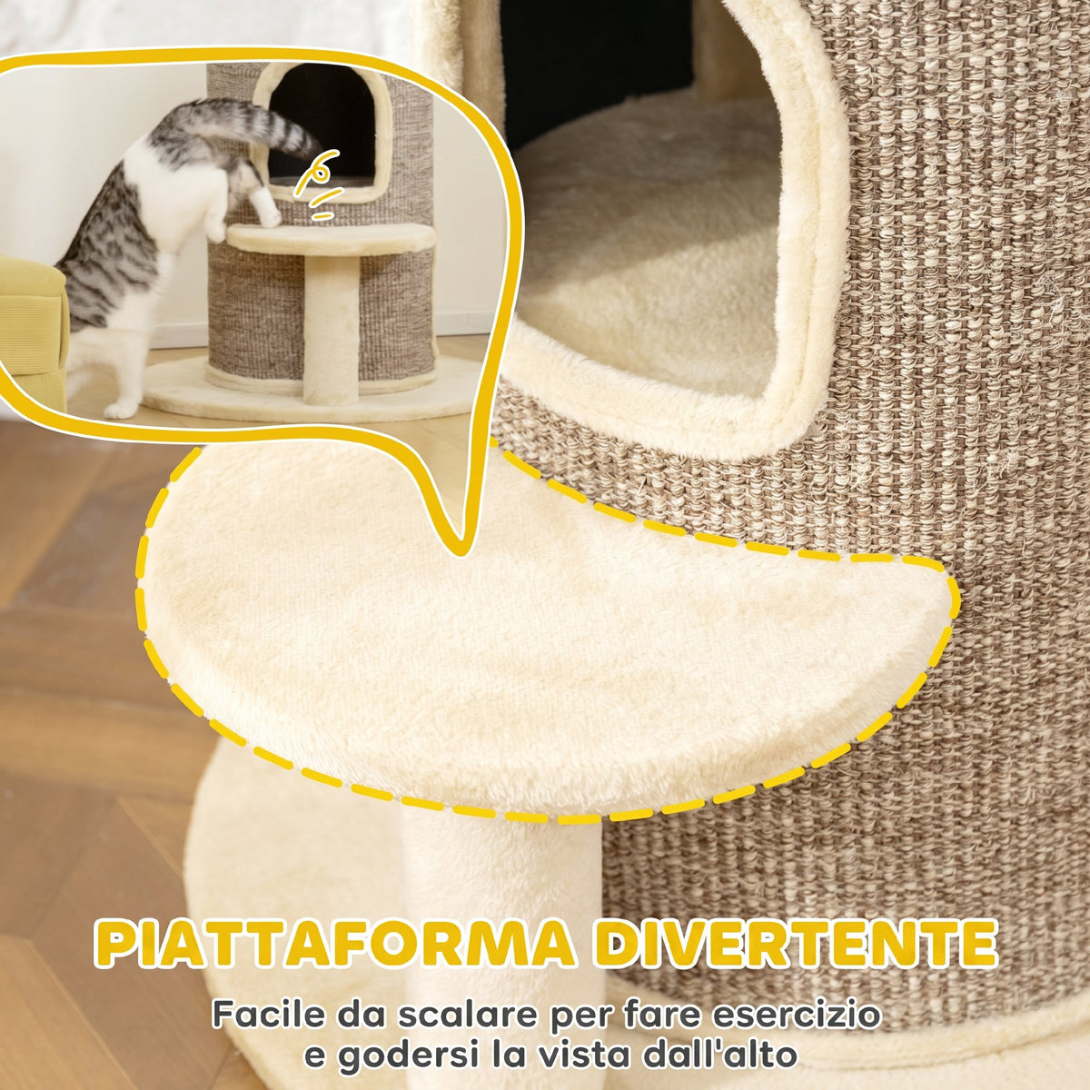 PawHut 2-Tier Cat Tower with 2 Hides, Platform, Sisal Surface, 60x60x 61 cm, Beige and Brown