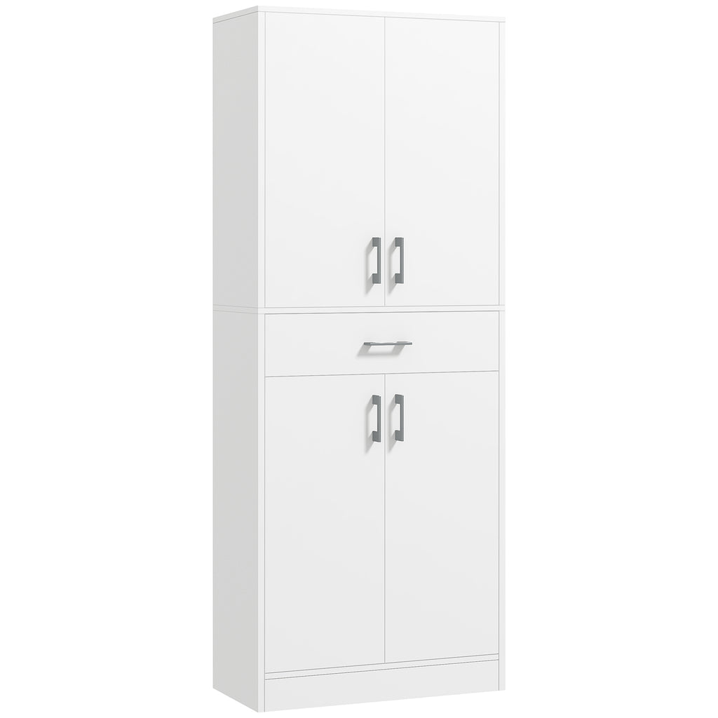 Tall Kitchen Sideboard with 2 Cabinets and a Central Drawer, Adjustable Shelves and 4 Doors in Total, White