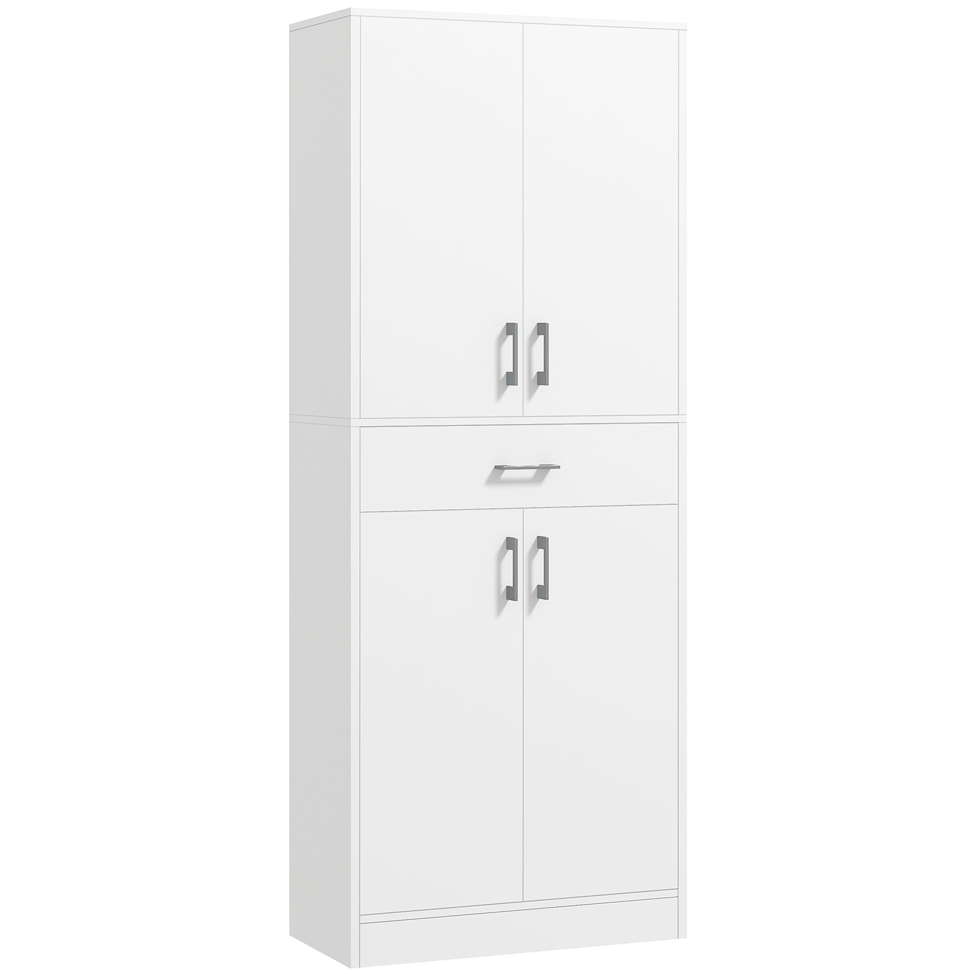 Tall Kitchen Sideboard with 2 Cabinets and a Central Drawer, Adjustable Shelves and 4 Doors in Total, White