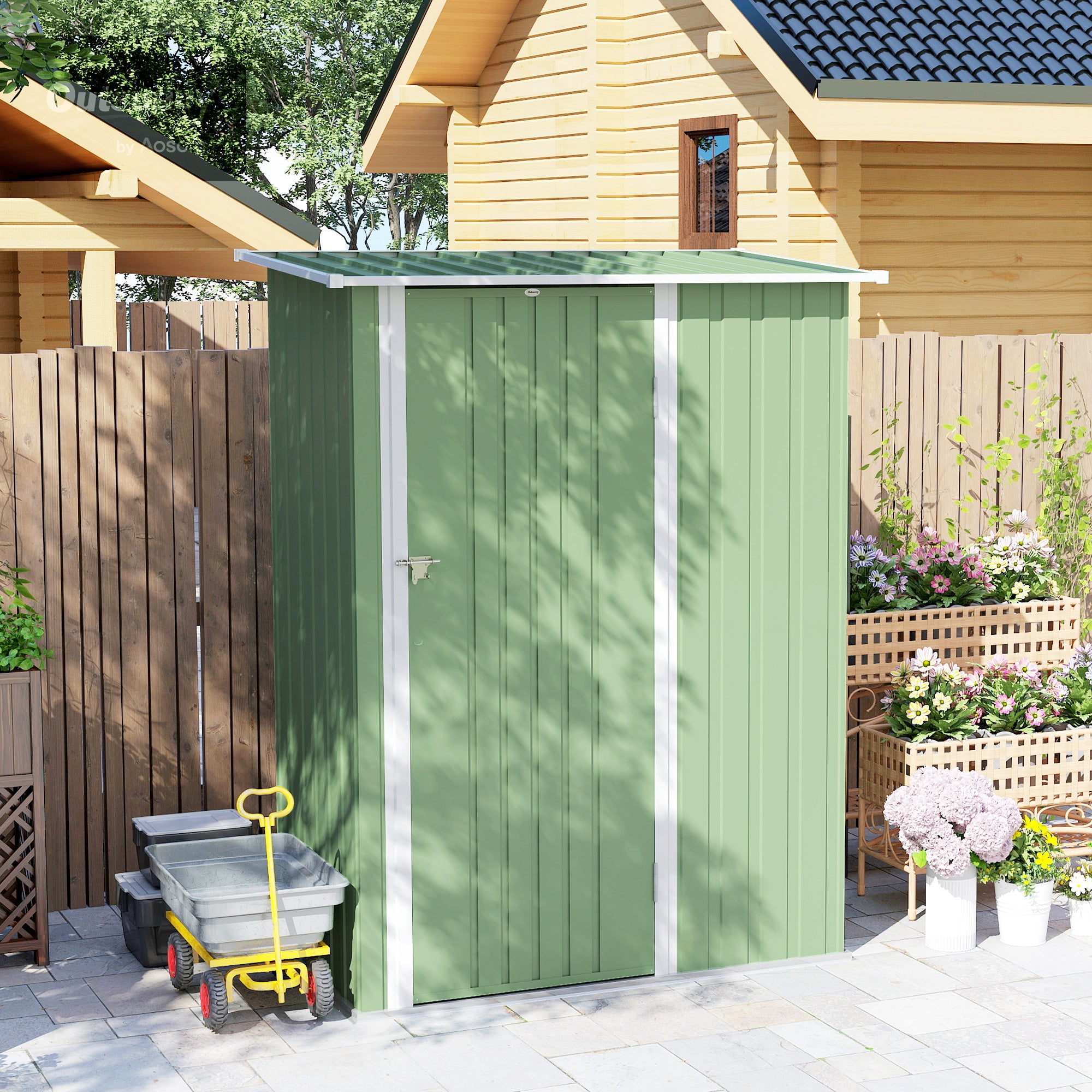 Outsunny Metal Tool Shed with Sloped Roof and Lockable Door, 142x86x189 cm, Light Green