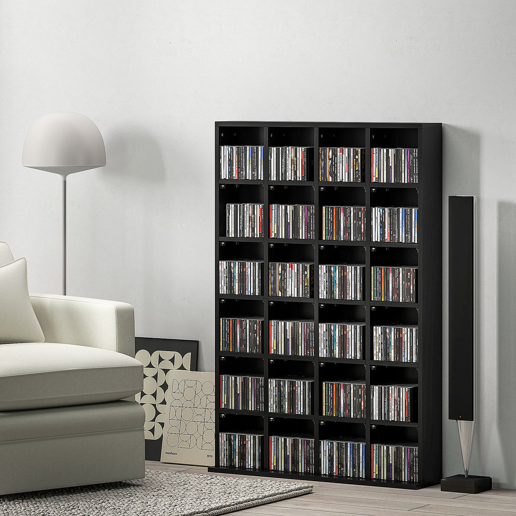 CD Cabinet with Adjustable Shelves for 456 CDs or 336 DVDs, 24 Compartments, 89x20x130.5 cm, Black