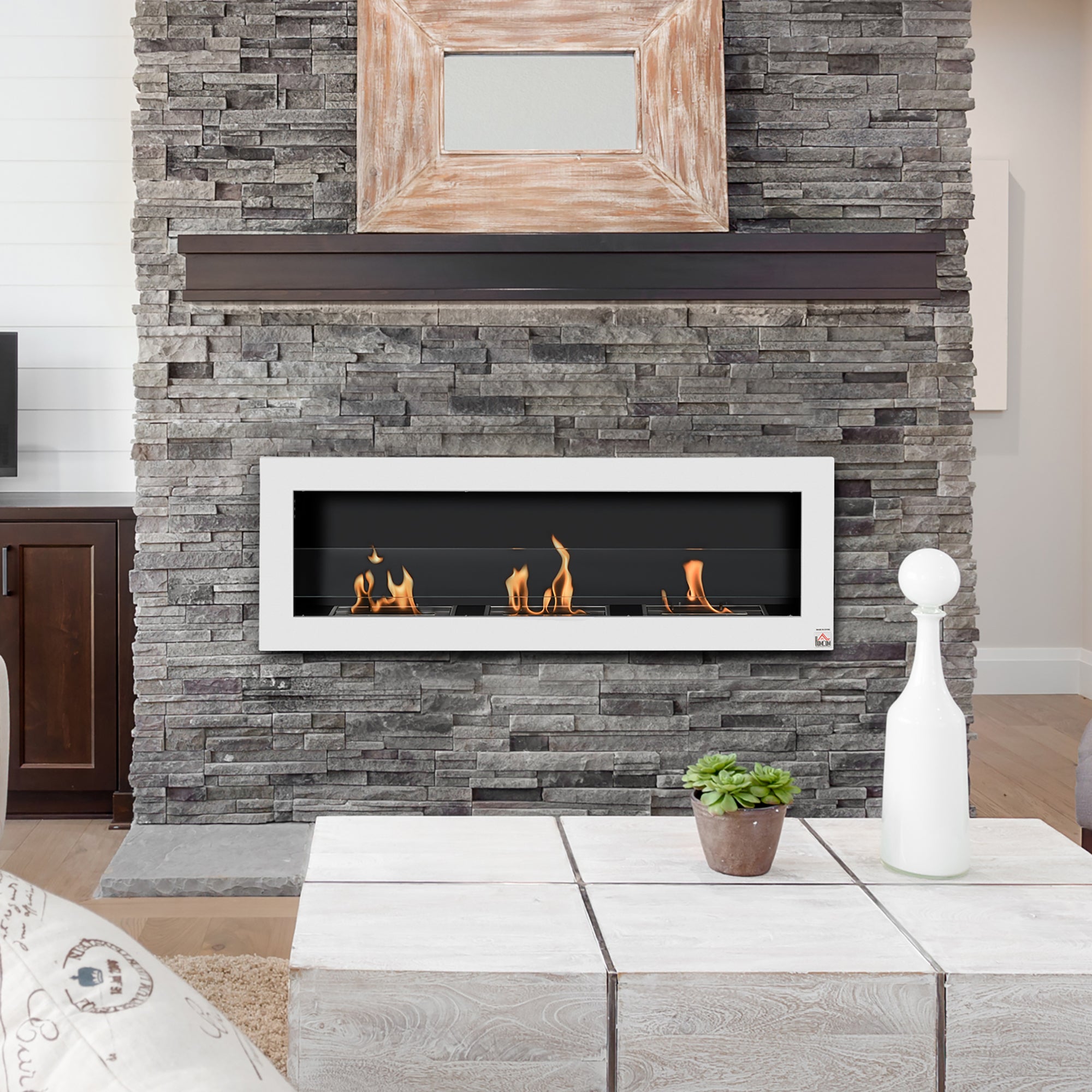 Wall-Mounted Bioethanol Fireplace with 3 x 1L Tanks and 20m² Coverage, Steel and Glass, 120x15x40 cm, White