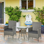 3-Piece Outdoor Garden Set in PE Rattan and Steel, Set of 2 Chairs with Washable Cushions, Armrests, Coffee Table with Glass Top, Garden Lounge for Balcony Patio Backyard, Grey - Borge' Group Limited