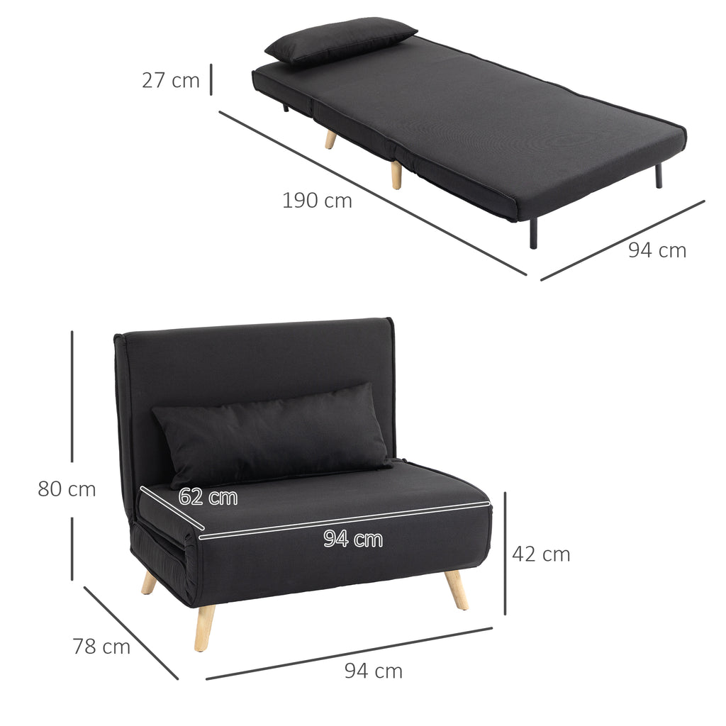 3 in 1 armchair bed with reclining backrest in 6 positions in fabric, 94x78x80 cm, Black
