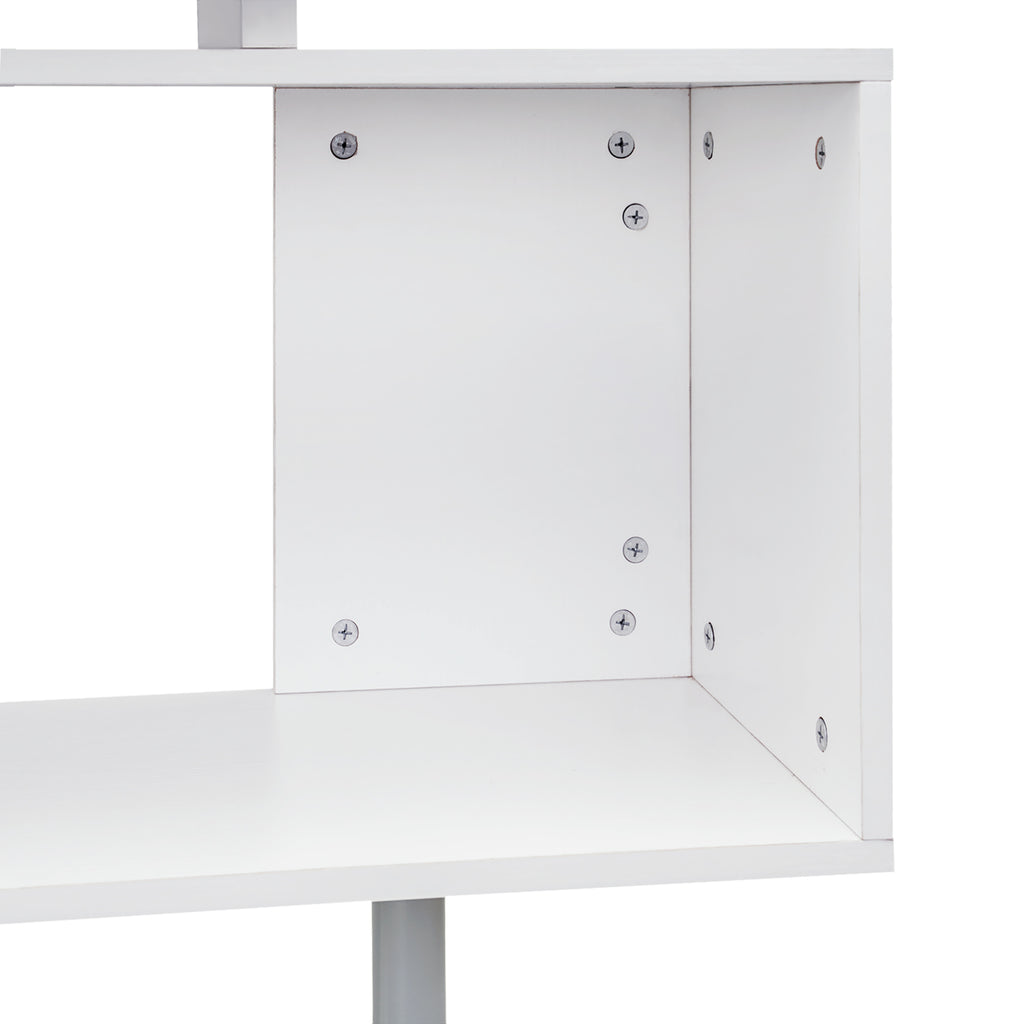 Modern Corner Swivel Desk with Bookcase, White Chipboard Dining Table, 140x120x78 cm