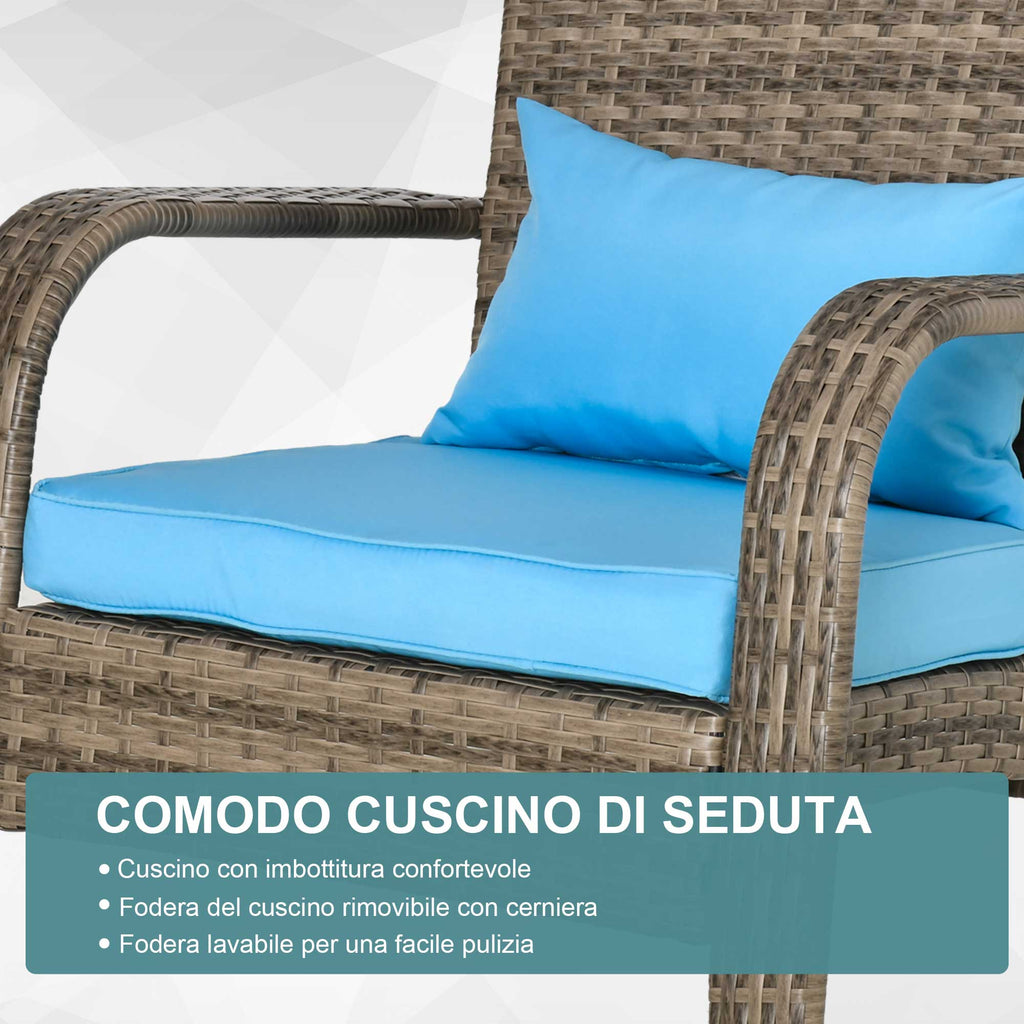 Outsunny Garden Chair Adironrack with armrests, in Rattan and Steel, 65x86x90 cm, brown and blue - Borgè