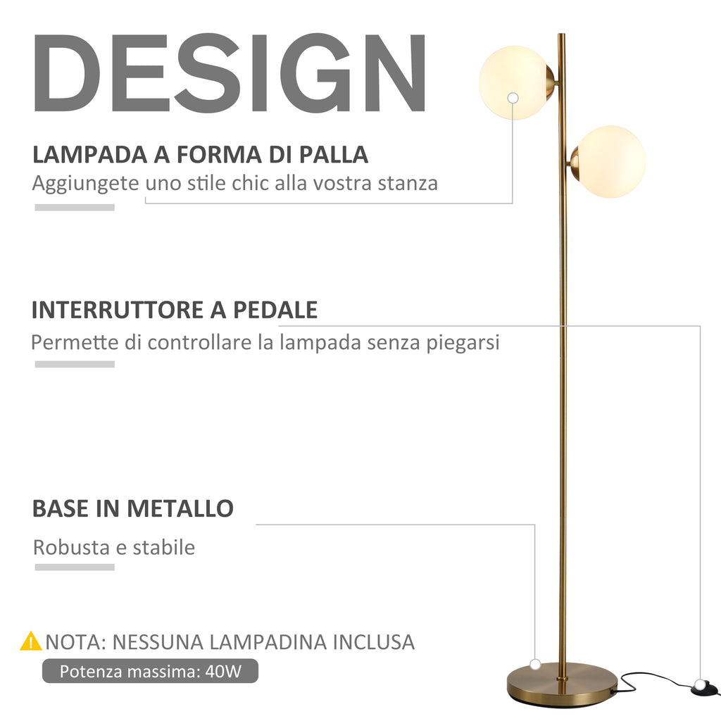 Floor Lamp with 2 Lights and Sphere Lampshades, Foot Switch and E27 Socket, Ø28x165 cm, Gold