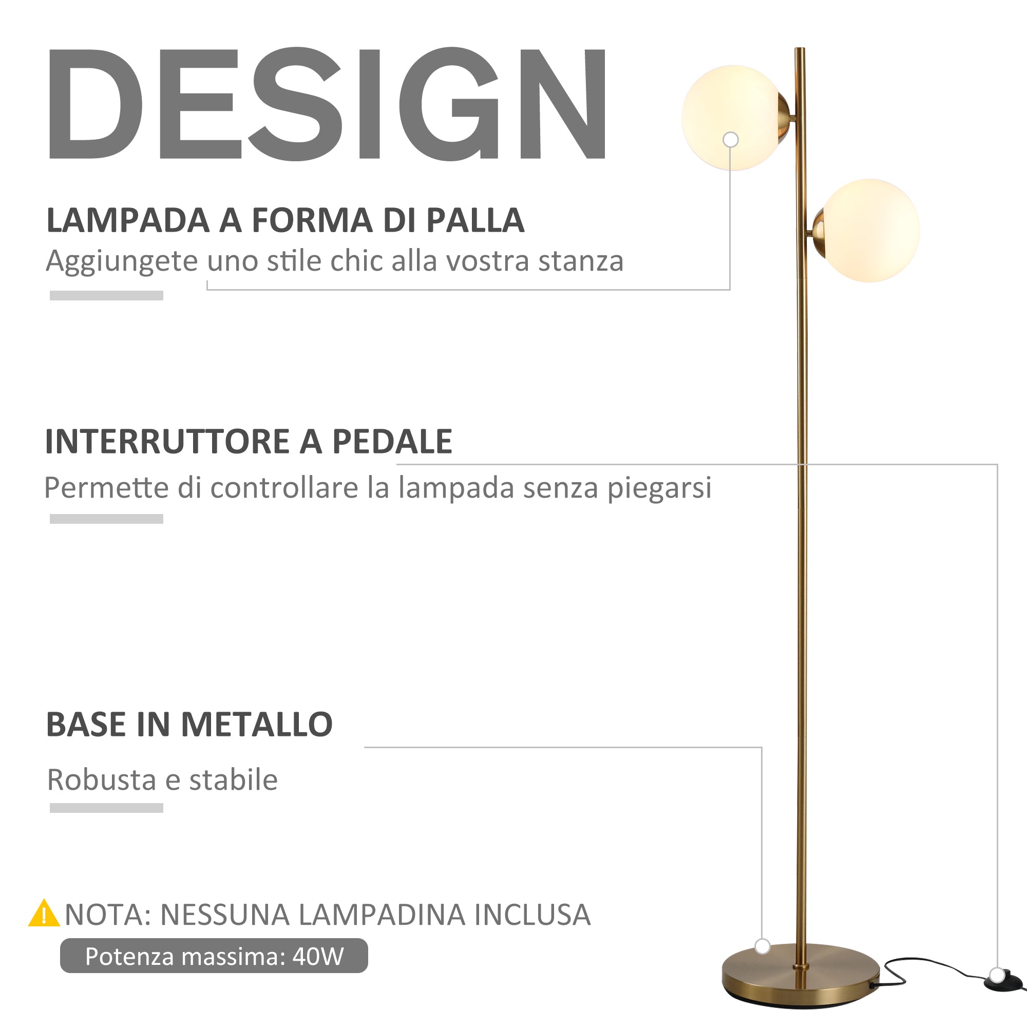 Floor Lamp with 2 Lights and Sphere Lampshades, Foot Switch and E27 Socket, Ø28x165 cm, Gold