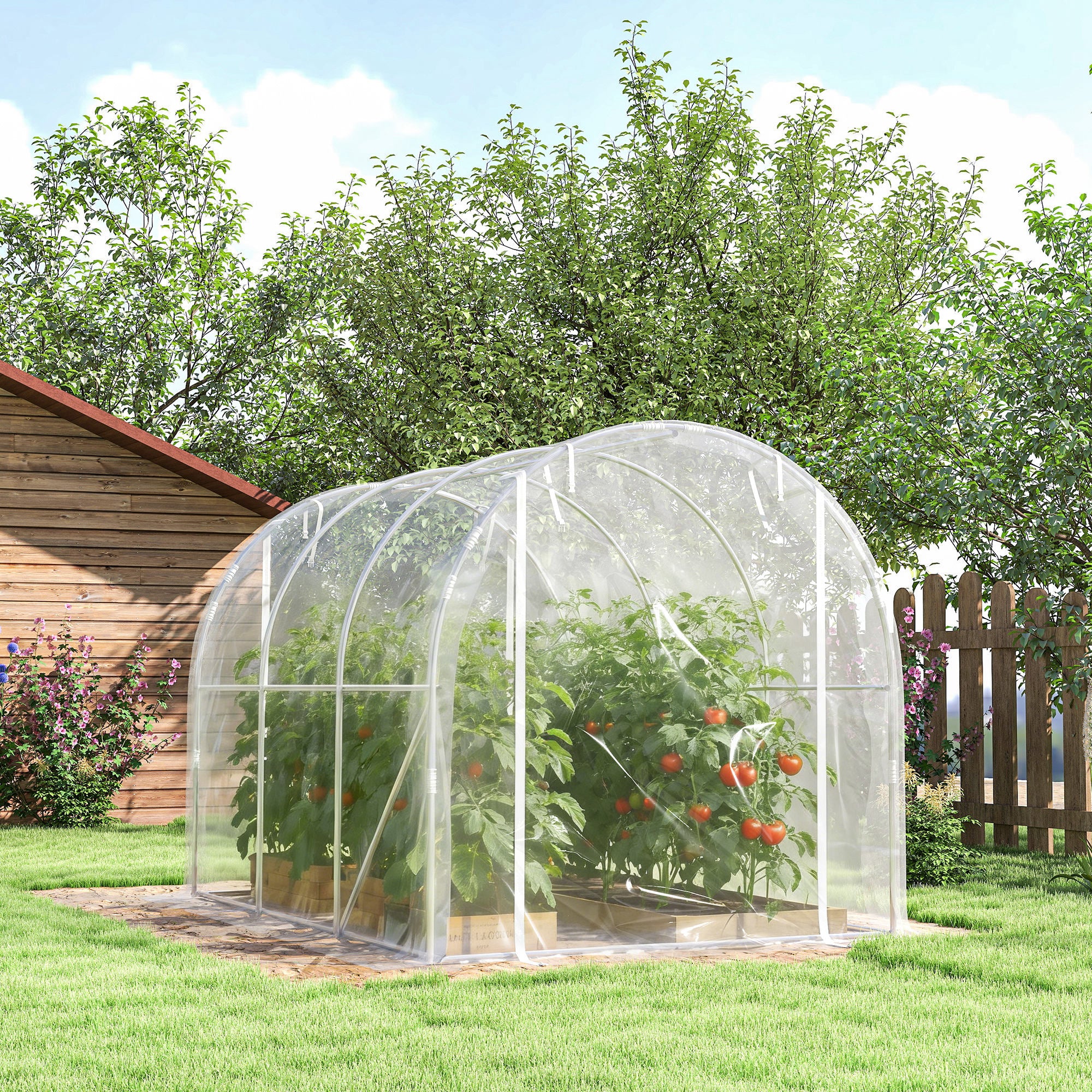 Outsunny 2x3x2 m Tunnel Greenhouse with Roller Doors, Steel Frame and Anti-UV PE Cover, Transparent