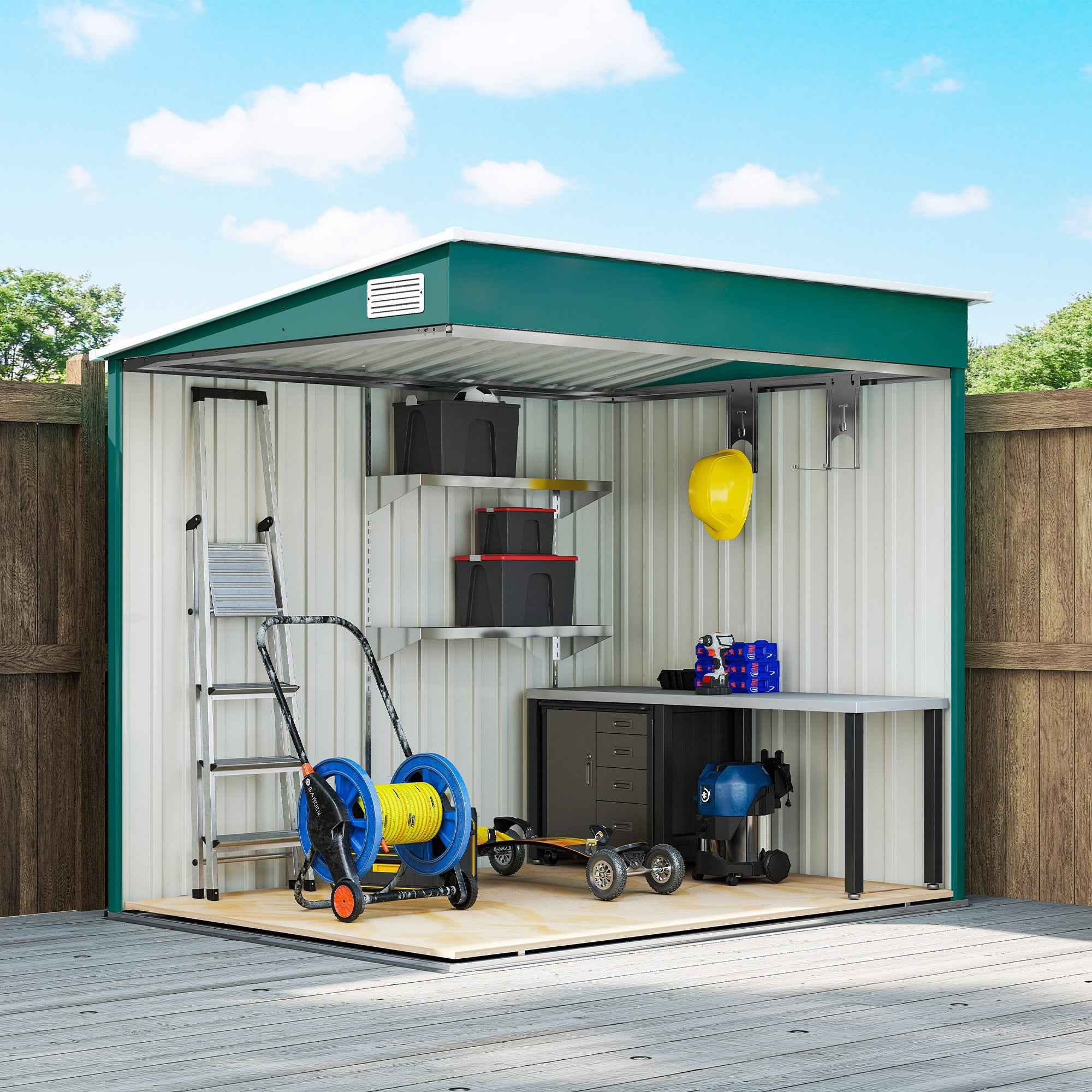 Outsunny 1.5x2m Metal Tool Shed with Base, Sliding Door and Sloped Roof, Green
