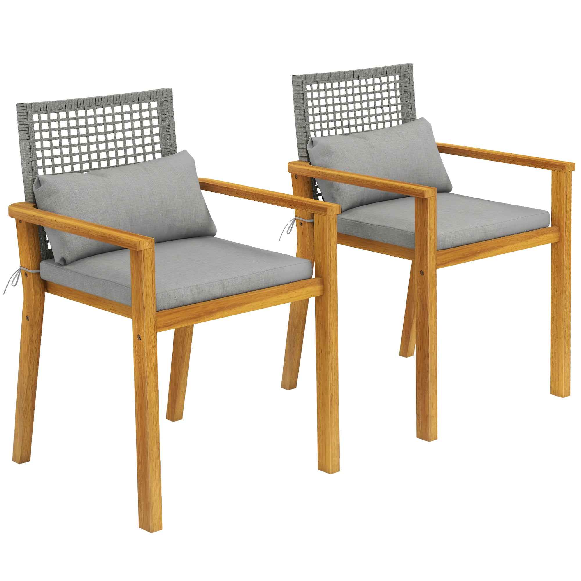 Outsunny Set of 2 Acacia Wood Garden Chairs with Cushions, Natural Wood