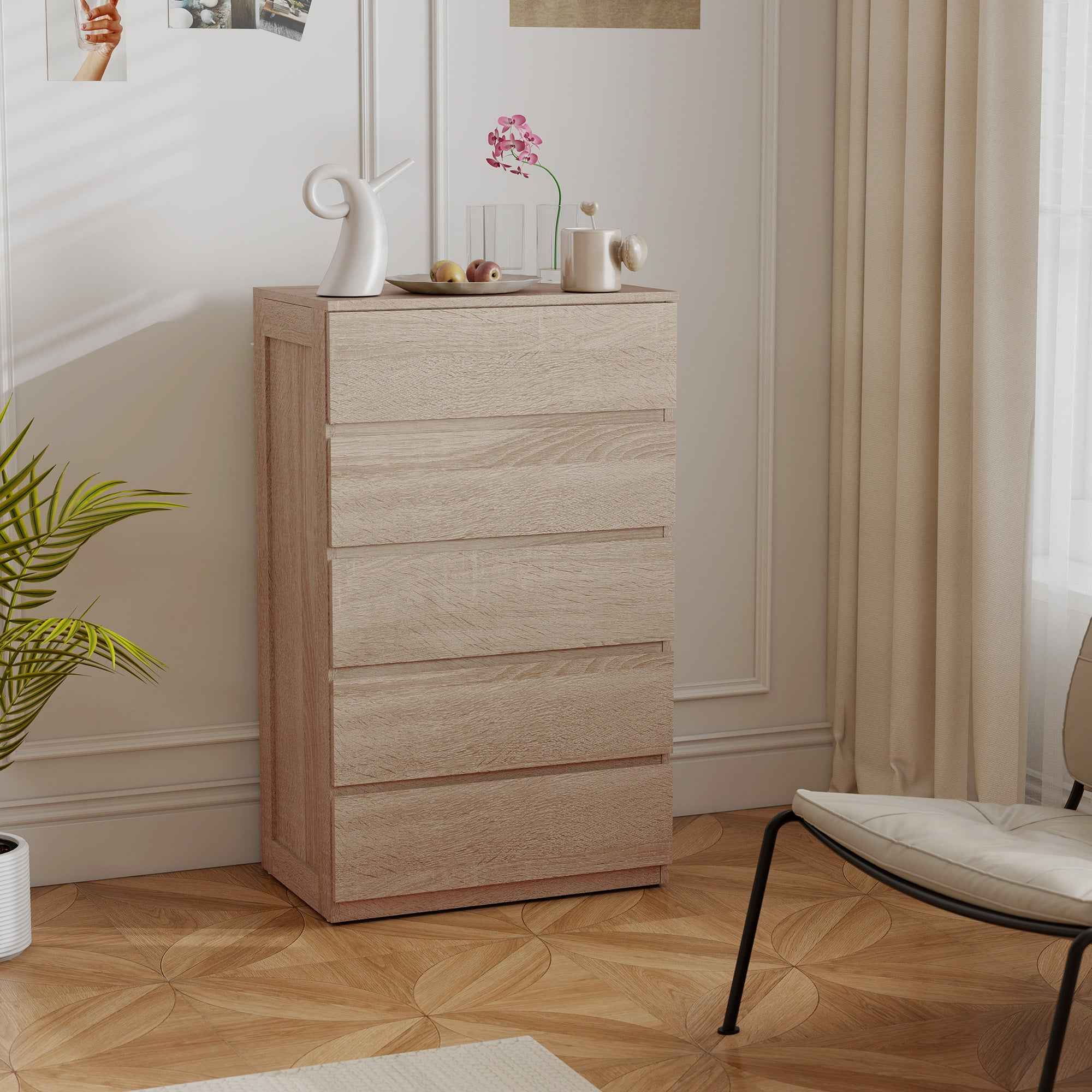 HOMCOM 5-Drawer Wooden Chest of Drawers with Metal Rails and Grooved Handles, 60x39x100 cm, Beech Color