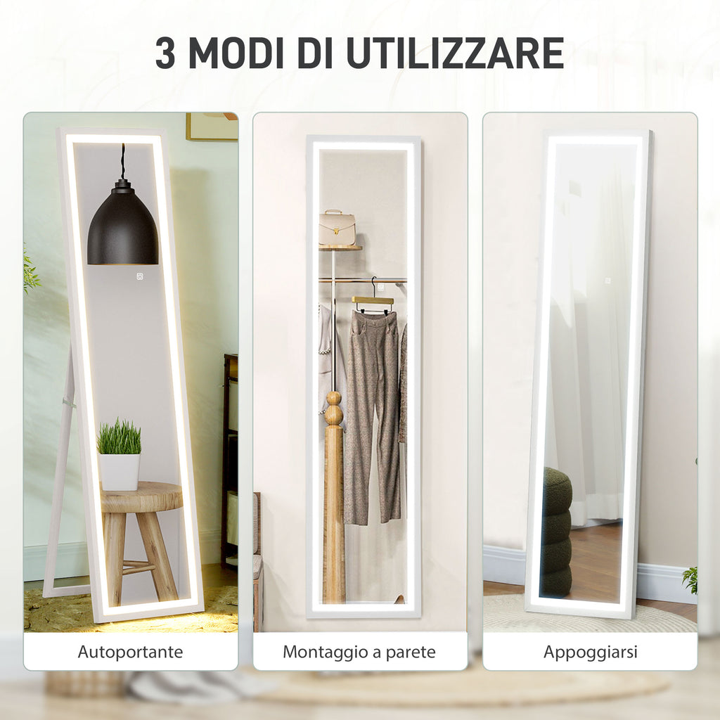 Illuminated Mirror with Adjustable LED Lights and Touch Button, Glass and MDF, 40x5x160 cm, White