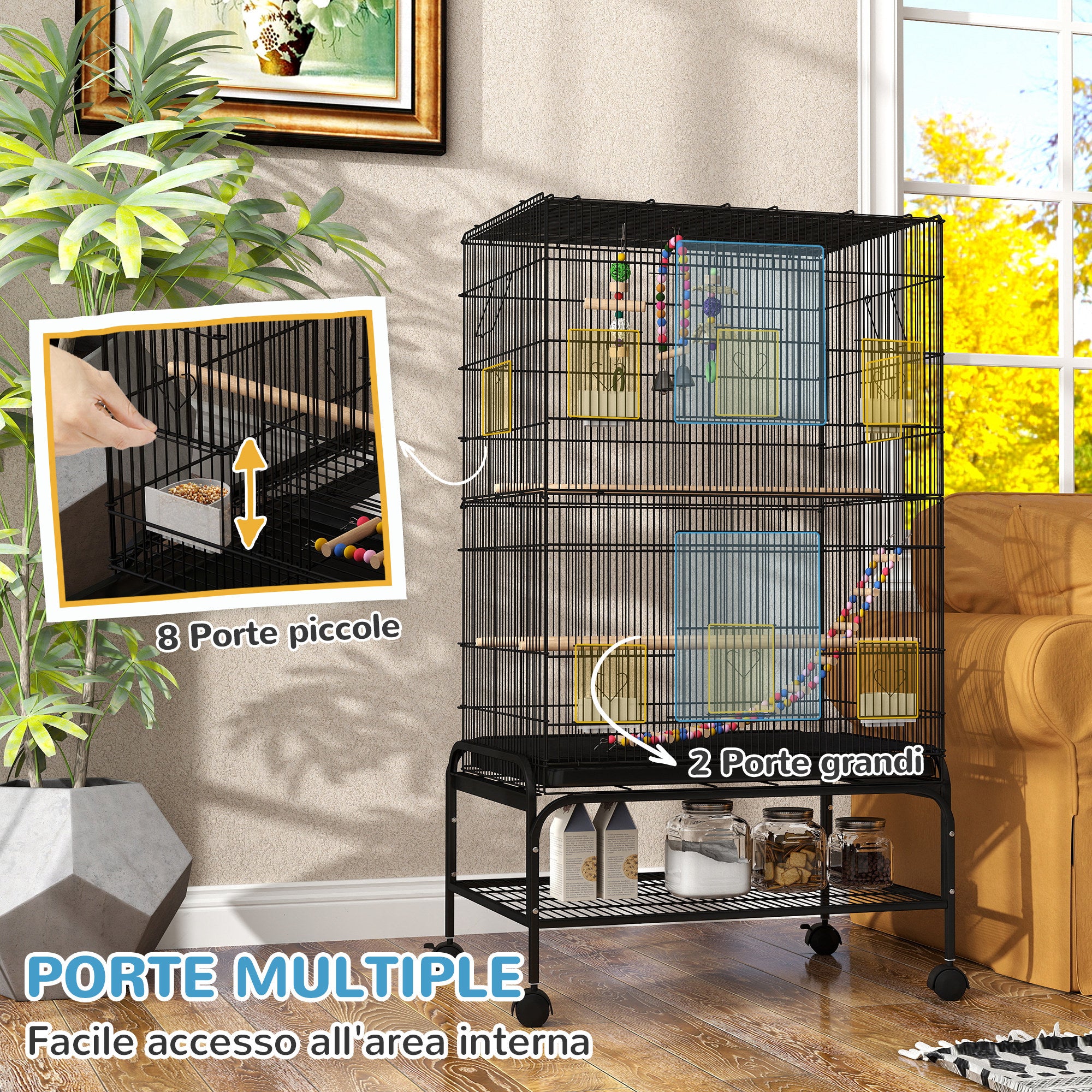 PawHut Bird Cage with Play Area, Wheels, Removable Tray and Shelf, 64x45x110 cm, Black