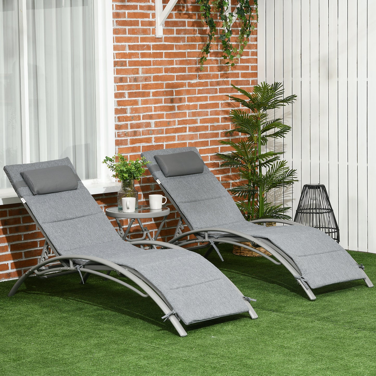 Set of 2 Reclining Sun Loungers on 4 Levels and Folding Table, Grey