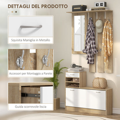 TWENTY | Coat Stand 3 in 1 with Shoe Rack and Mirror, Hooks and Drawers, in Wood, 90x24x177 cm, White and Oak