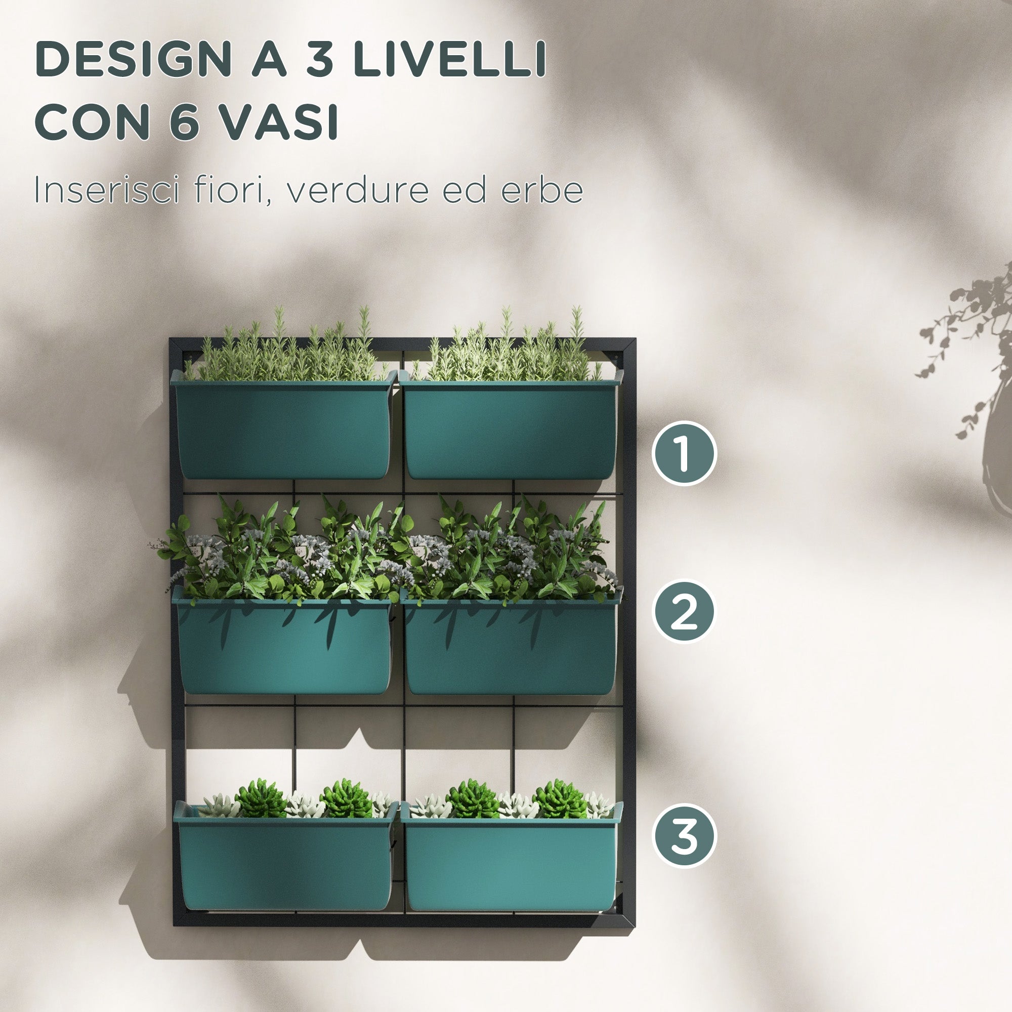 Outsunny 3-Tier Wall-Mounted Vertical Vegetable Garden with 6 Pots, Steel and Plastic, 52x14x66 cm, Green