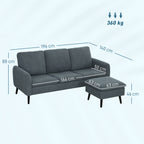 3 Seater Corner Sofa with Reversible Chaise Longue, in Velvet Effect Fabric, 196x140x88 cm, Charcoal Grey