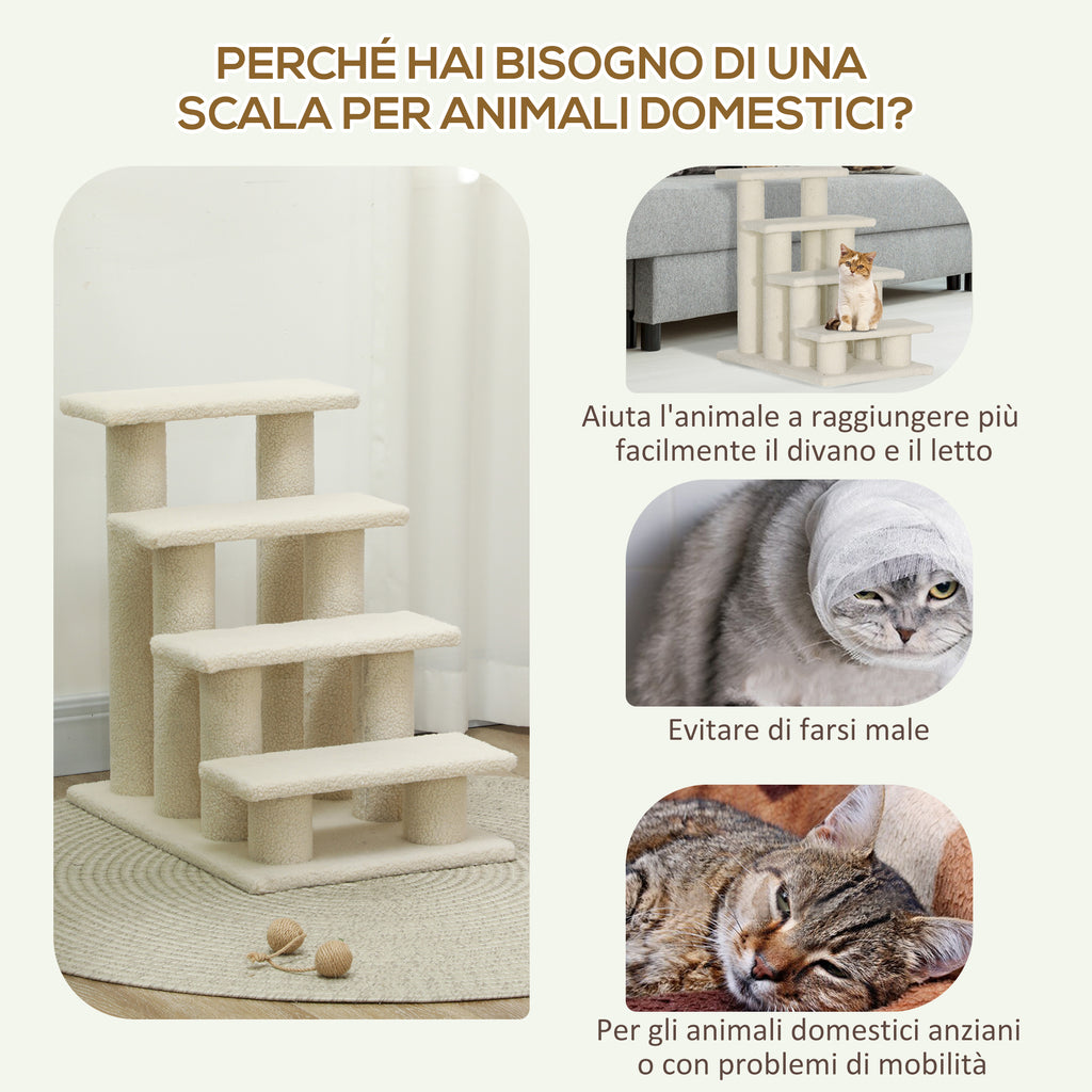 4-Step Plush Dog and Cat Ladder, Non-Slip Pet Steps for Cats and Dogs, Puppy Steps for Bed and Sofa, 61x41x60cm Cream