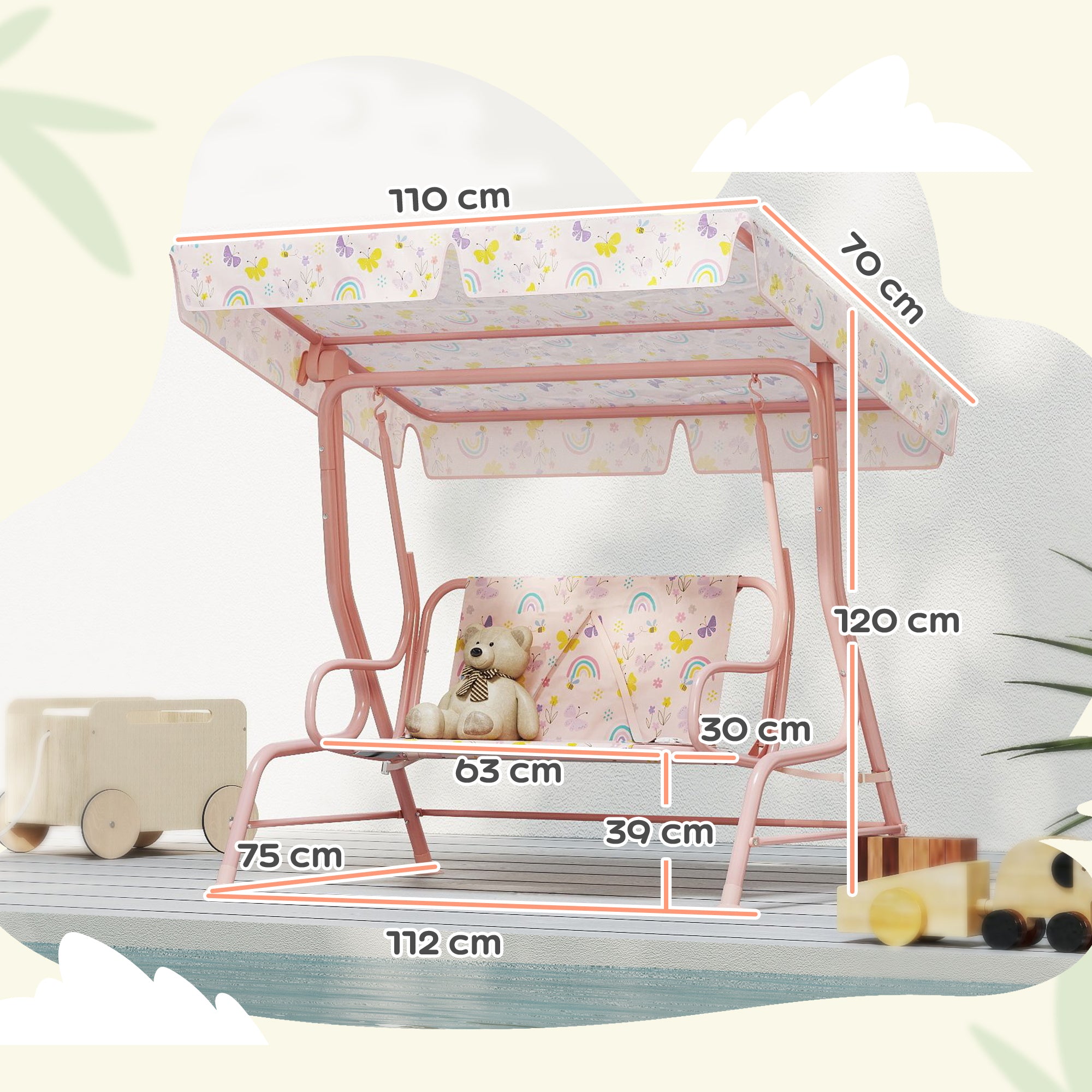 2-Seater Outdoor Children's Swing with Adjustable Canopy and Safety Belt, 112x75x120 cm, Pink