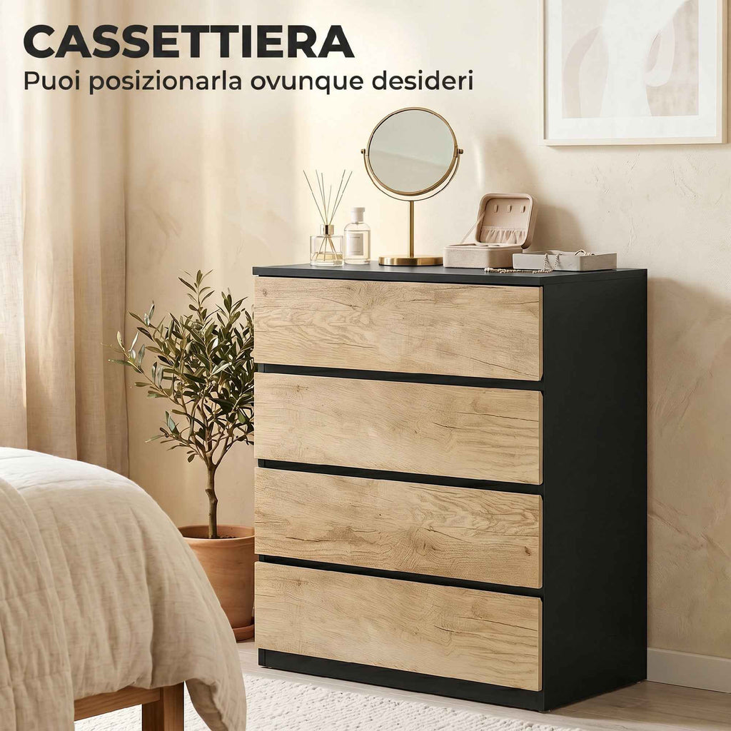 HOMCOM 4-Drawer Wooden Chest of Drawers with Metal Rails and Grooved Handles, 60x40x80 cm, Black and Oak