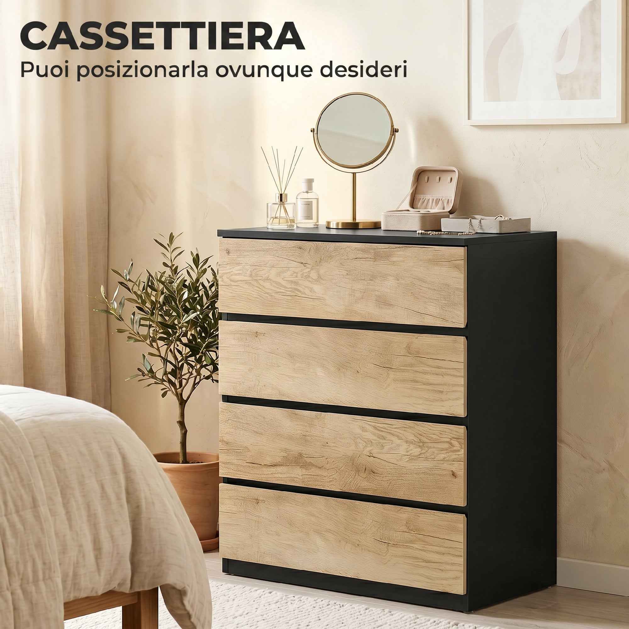 HOMCOM 4-Drawer Wooden Chest of Drawers with Metal Rails and Grooved Handles, 60x40x80 cm, Black and Oak