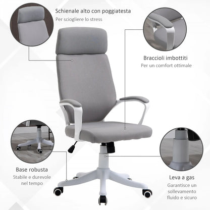 Swivel Office Chair with Headrest, Height-Adjustable Armchair with Rocking Function, 63x65x112-120cm, Light Grey