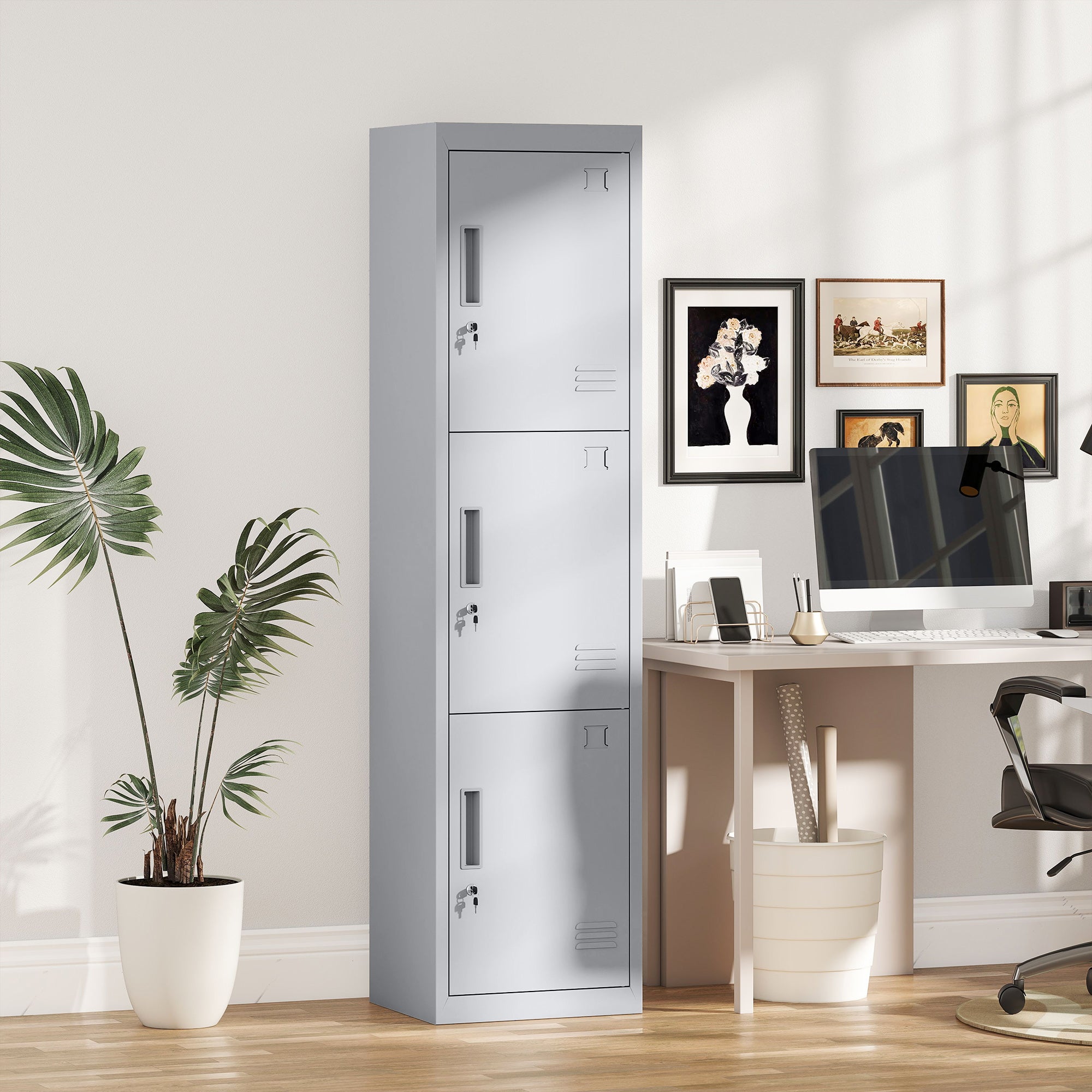 3-Door Steel Office Cabinet with Lock and 2 Keys, 45x38x180cm, Light Grey