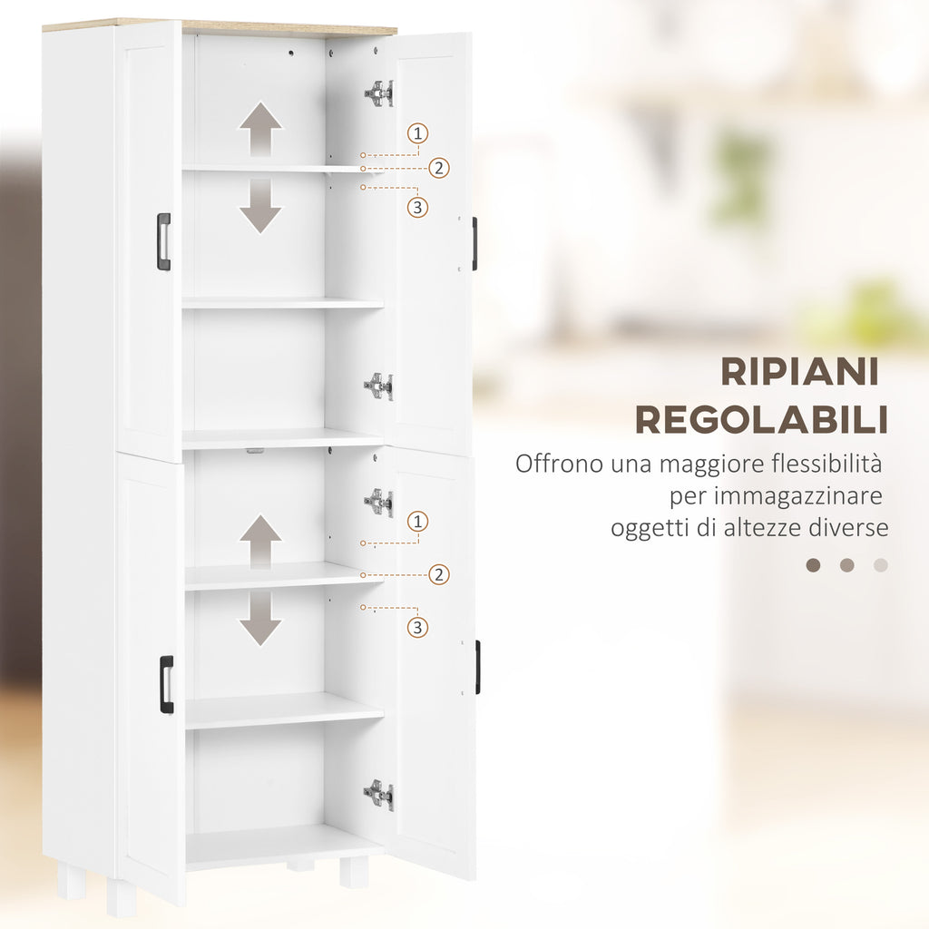 Wooden Kitchen Pantry Cabinet with 5 Adjustable Shelves and 4 Doors, 60x30x170.5 cm, White and Wood Color