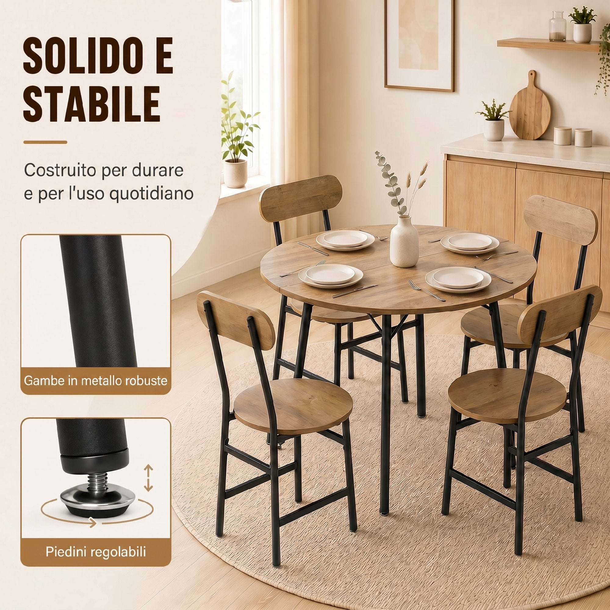 HOMCOM 5-piece dining set: table and 4 chairs, metal legs, natural finish.
