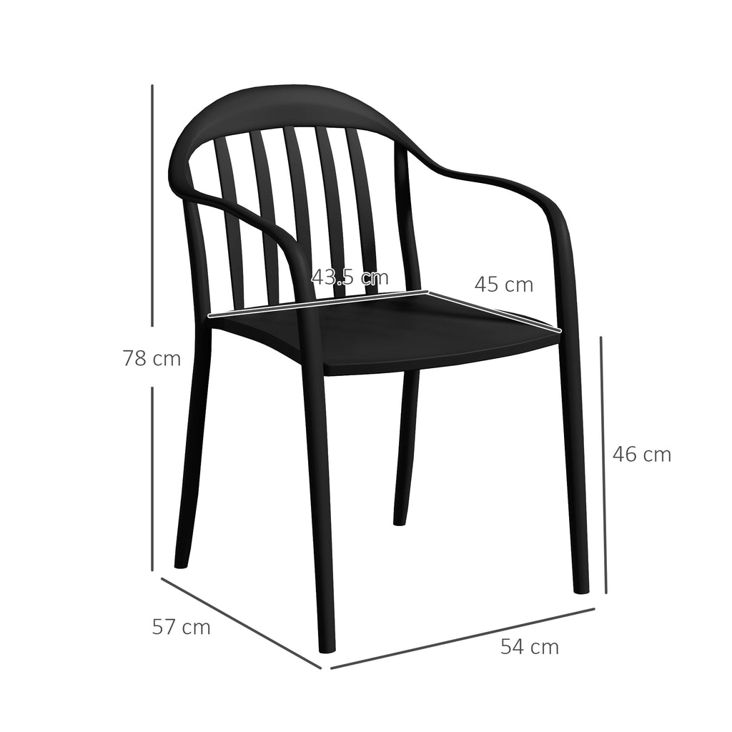Set of 4 Stackable Garden Chairs in PP with High Backrest and Armrests, 57x54x78 cm, Black