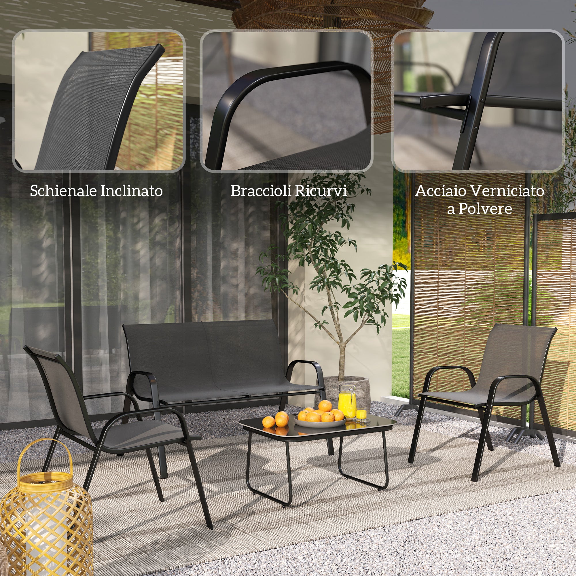Garden Set with 2 Seater Sofa, 2 Stackable Armchairs and Glass Coffee Table, Black