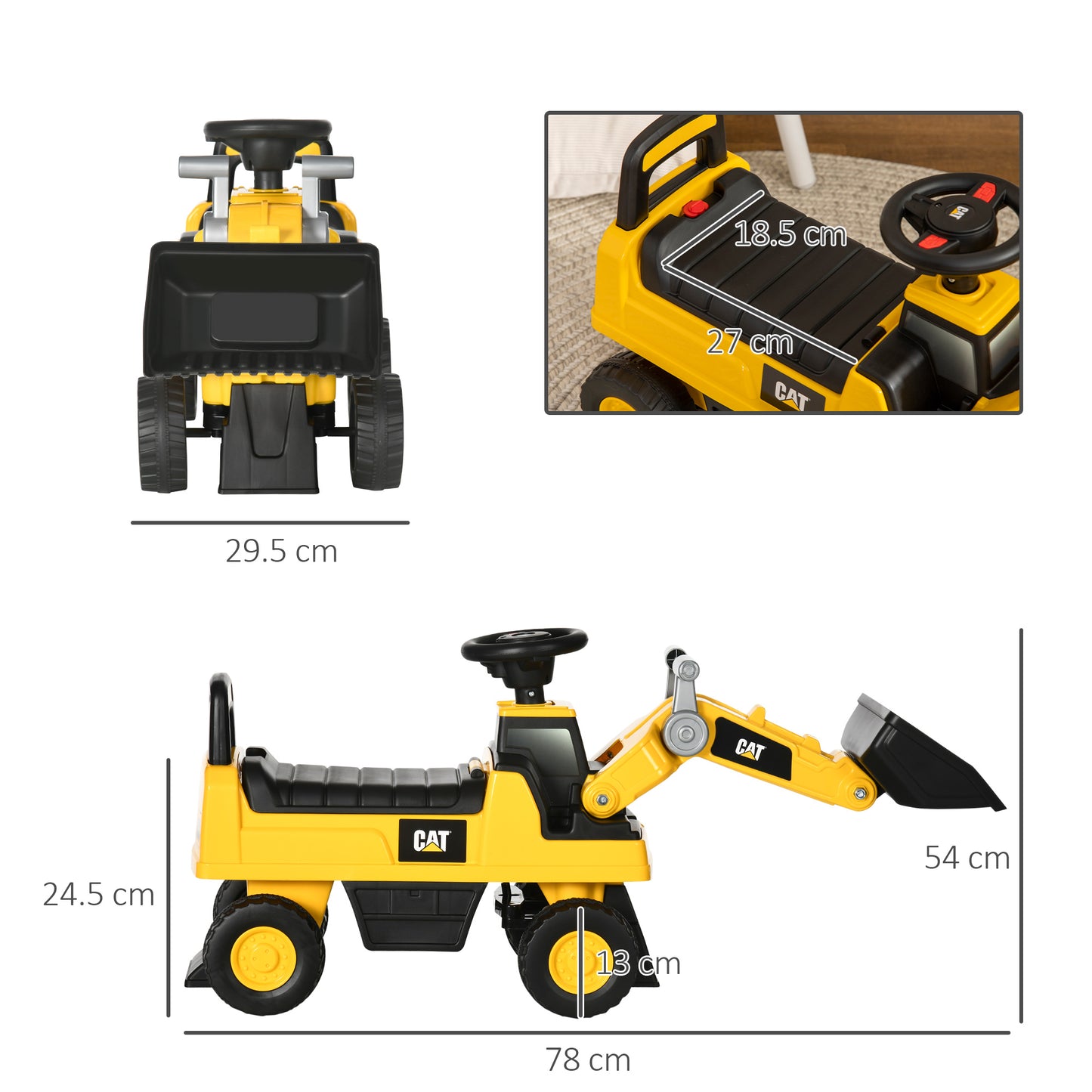 Bulldozer Toy for Children 18 and 36 Months with Excavator and Storage Space, 78x29.5x54 cm, Yellow and Black