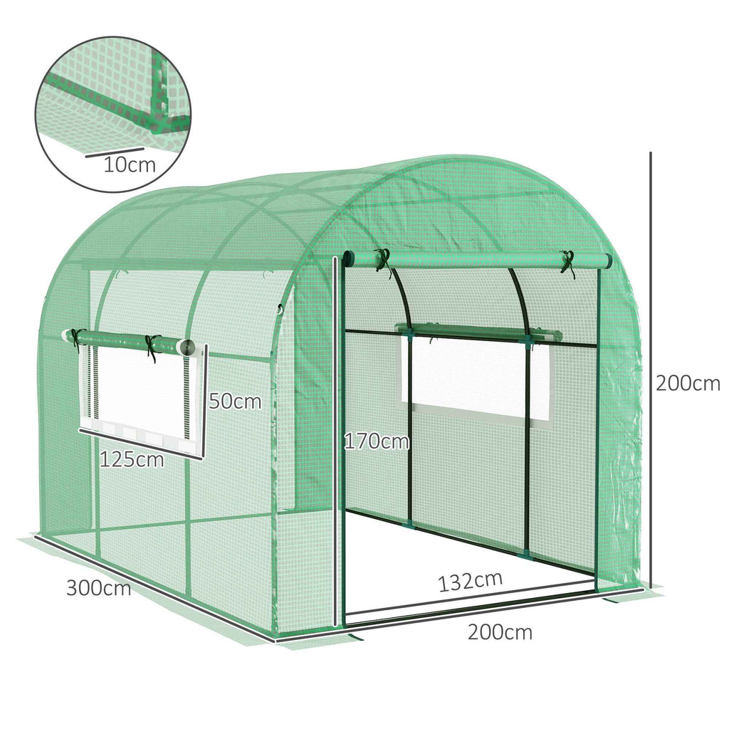 Outsunny 3x2x2 m Steel and UV-Resistant Polyethylene Tunnel Greenhouse for Vegetable Garden with Roll-Up Doors and Windows, Green