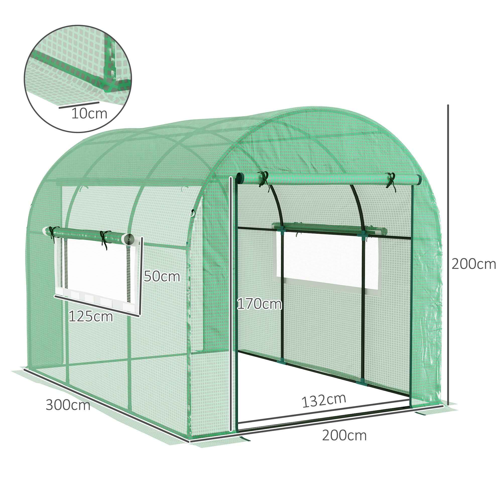 Outsunny 3x2x2 m Steel and UV-Resistant Polyethylene Tunnel Greenhouse for Vegetable Garden with Roll-Up Doors and Windows, Green