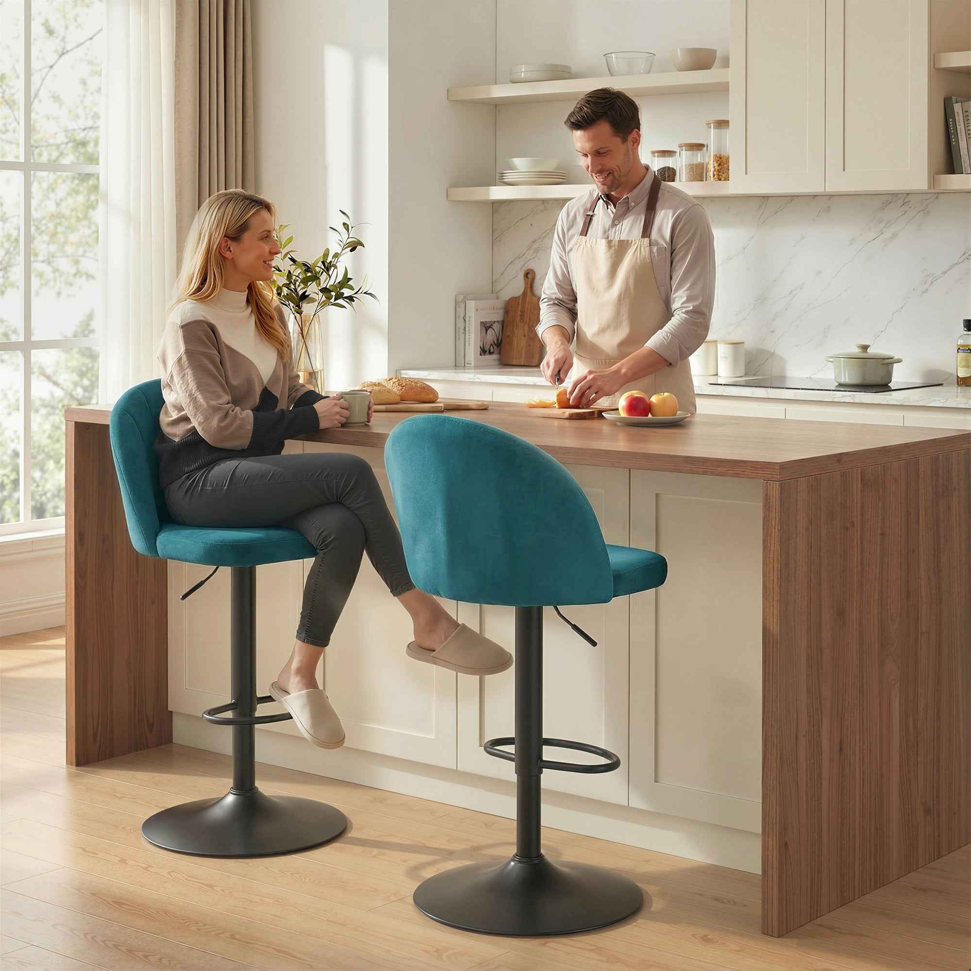 HOMCOM Set of 2 Bar Stools, Modern Swivel Barstools with Footrest, Blue