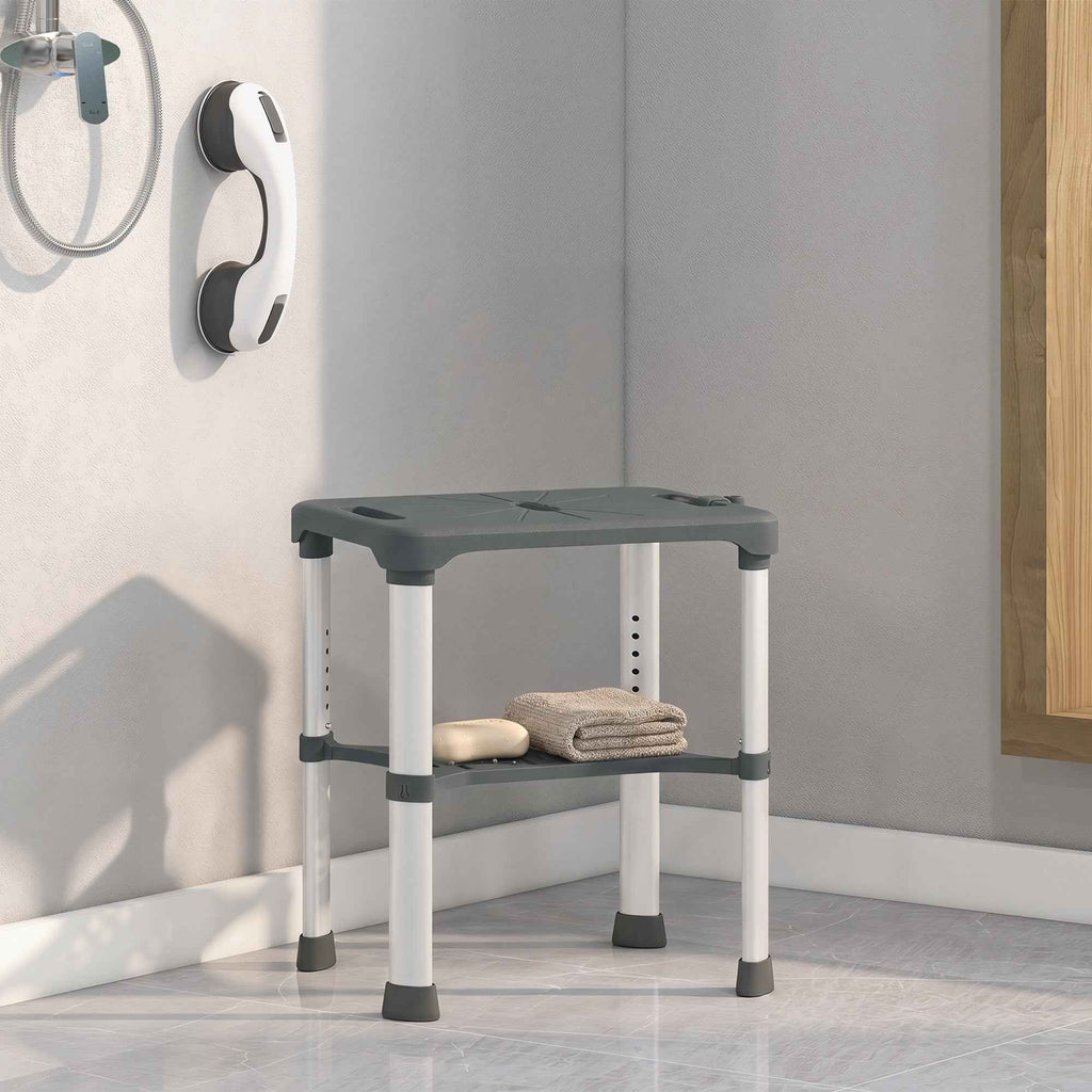 HOMCOM Aluminum Shower Stool with Integrated Shelf, 5-Level Adjustable Height, 150kg Load Capacity, Gray