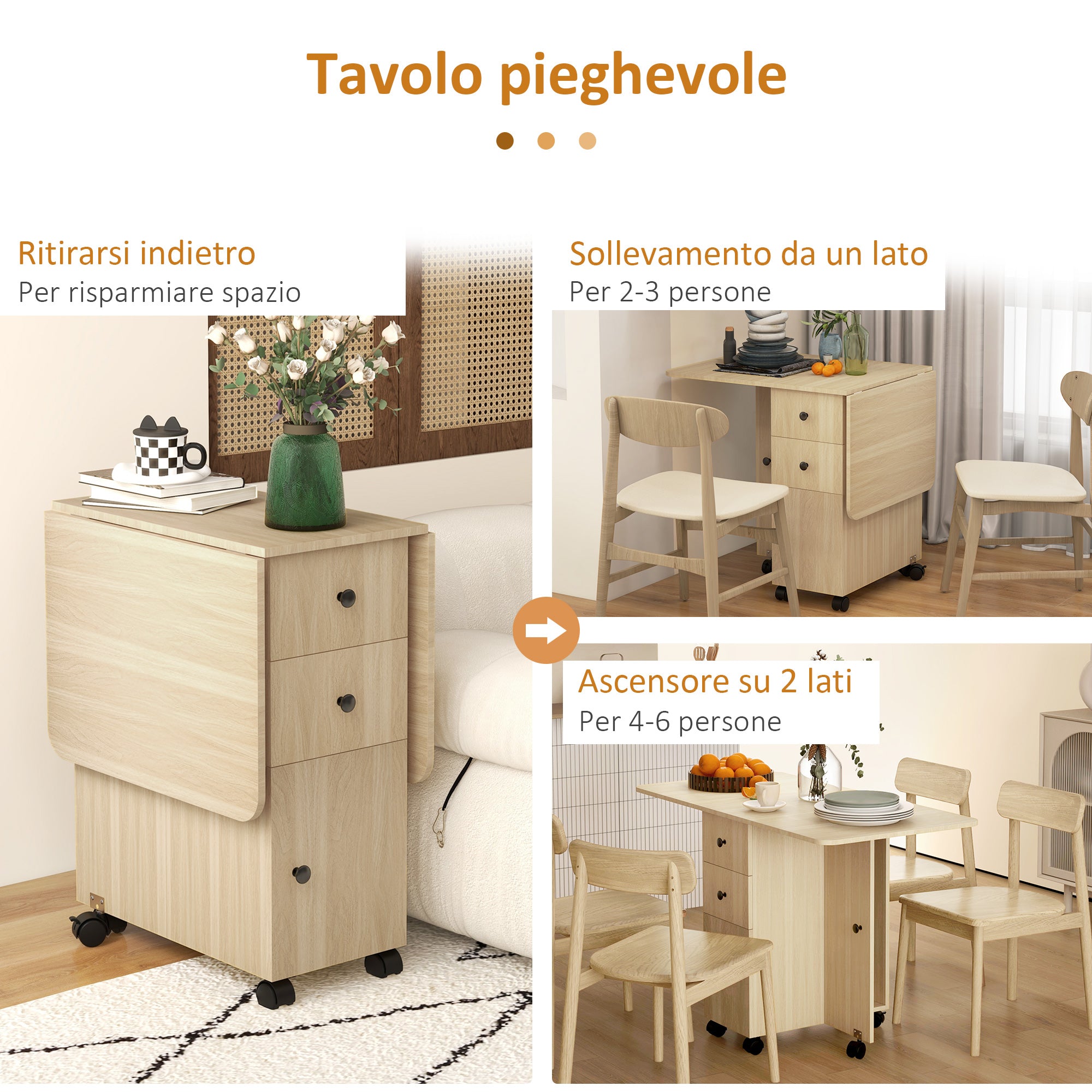 Folding Table with 2 Drawers and Cabinet, 6 Wheels and Brakes, 120x60x76.5 cm, Wood Color