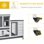 Wooden Rabbit Hutch with Wheels, Removable Trays and House with Ramp, 110x50x88 cm, Grey and White