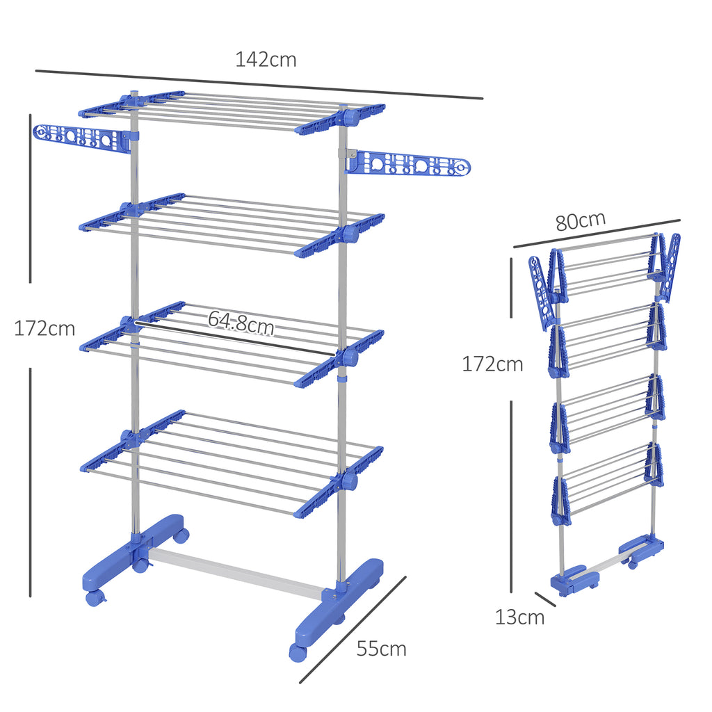 HOMCOM Vertical Drying Rack with 4 Adjustable Shelves, in Steel and Plastic, 142x55x172 cm, Blue and Silver - Borgè