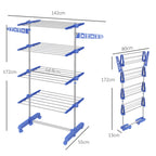 HOMCOM Vertical Drying Rack with 4 Adjustable Shelves, in Steel and Plastic, 142x55x172 cm, Blue and Silver - Borgè