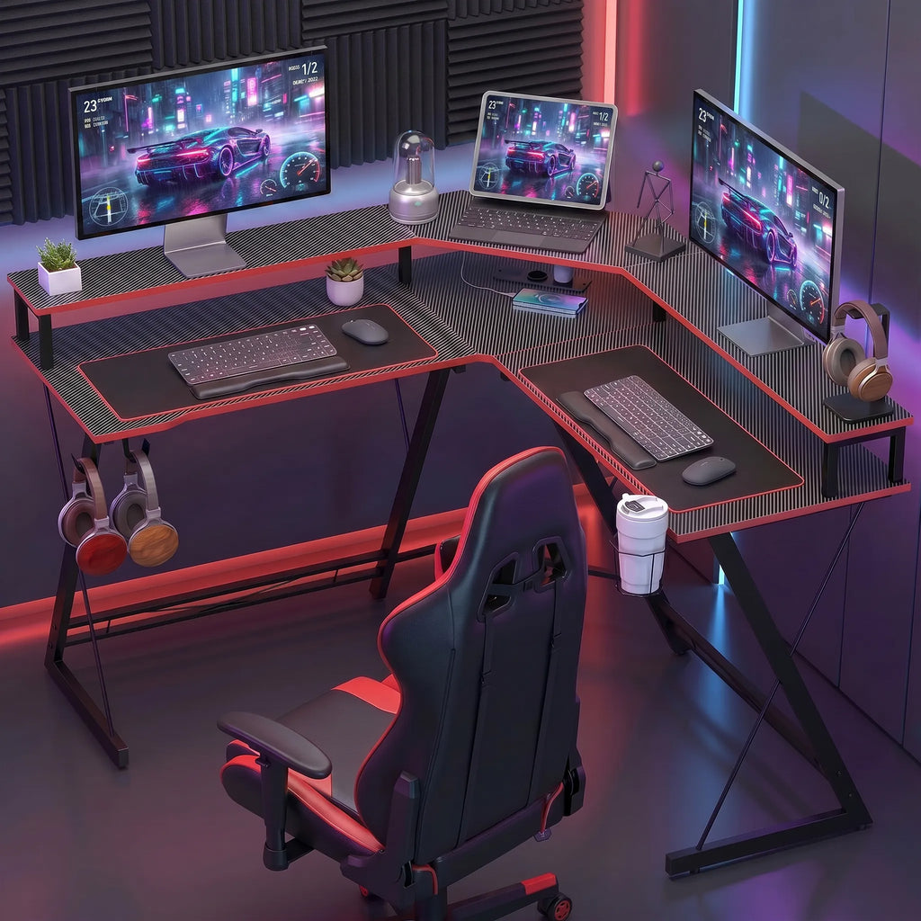 HOMCOM Corner Gaming Desk with Monitor Stand, Headphone Hook and Cup Holder, 128x128x88 cm, Black