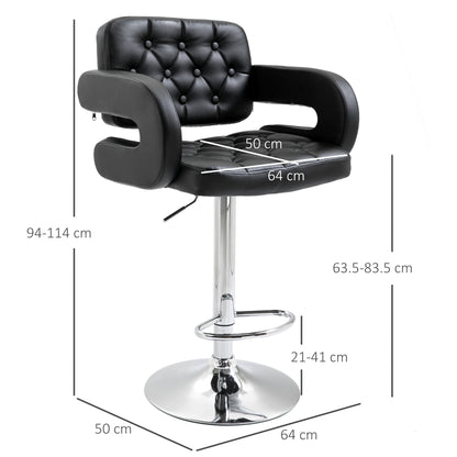 High Bar Stool with Backrest and Armrests, Swivel with Adjustable Height and Footrest, Black Faux Leather