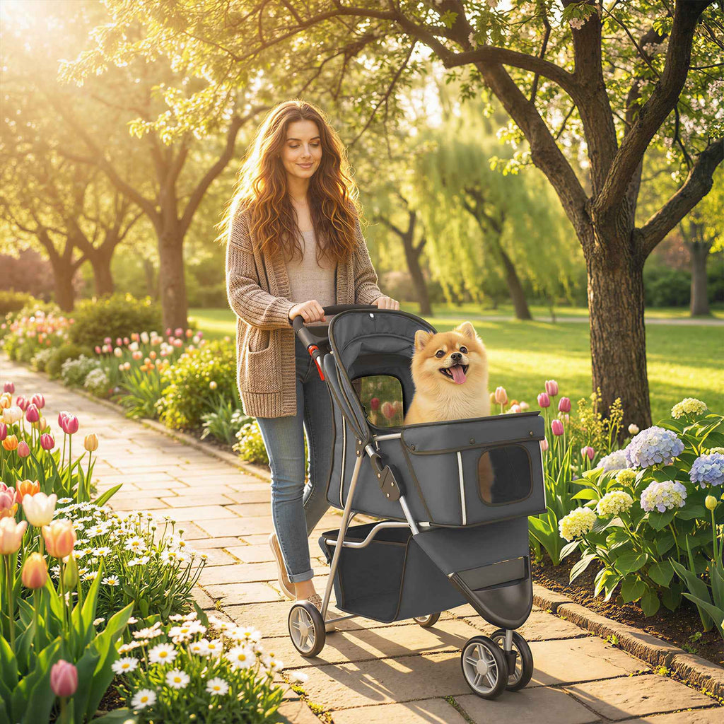 PawHut Folding Dog Stroller with Cup Holder and Basket, 77x44x102 cm, Charcoal Grey