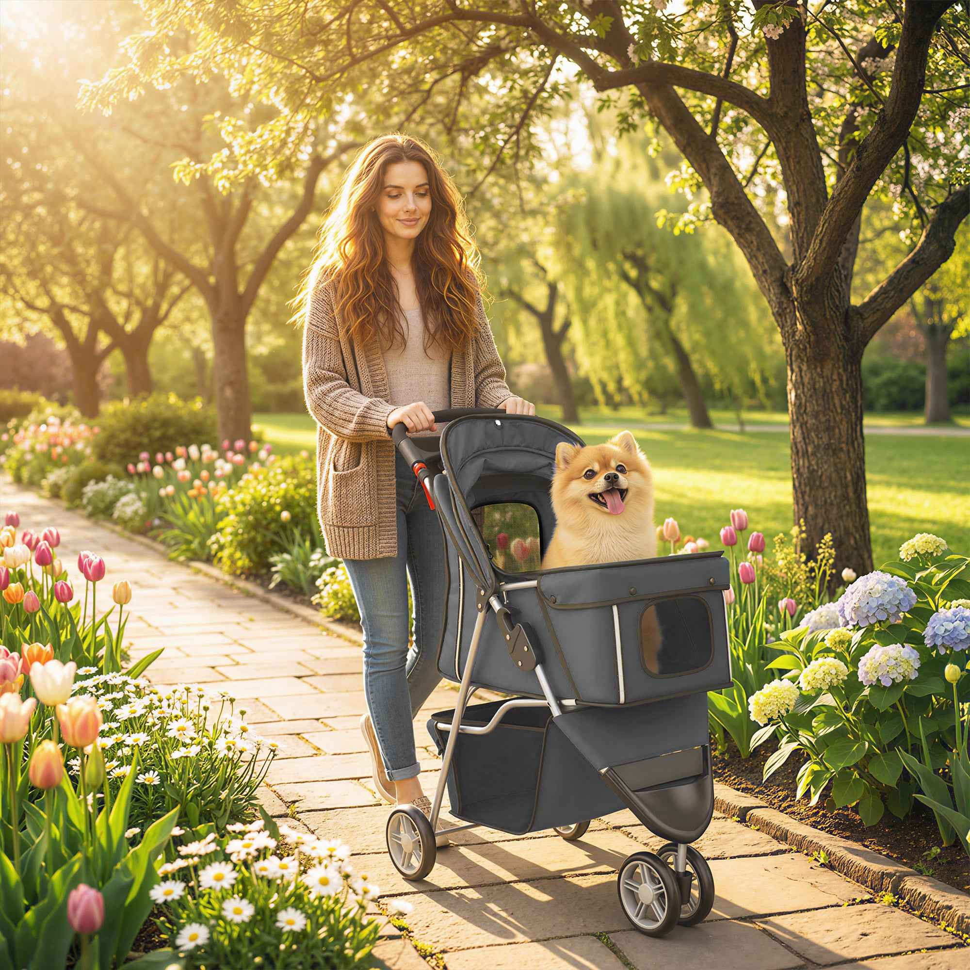 PawHut Folding Dog Stroller with Cup Holder and Basket, 77x44x102 cm, Charcoal Grey